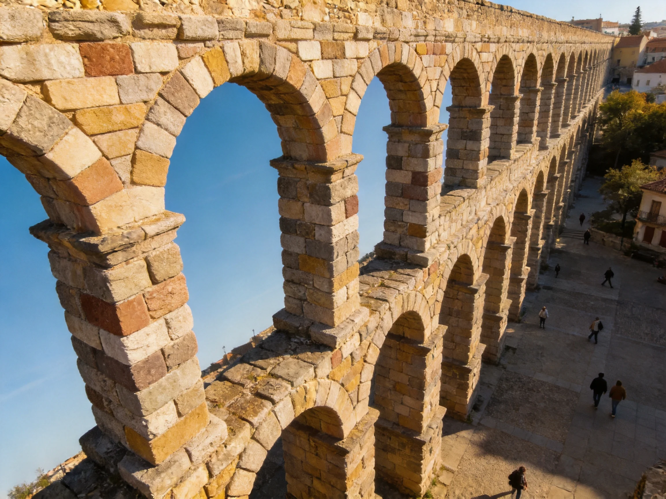 Ancient stone aqueduct with multicolored arches spanning a town square