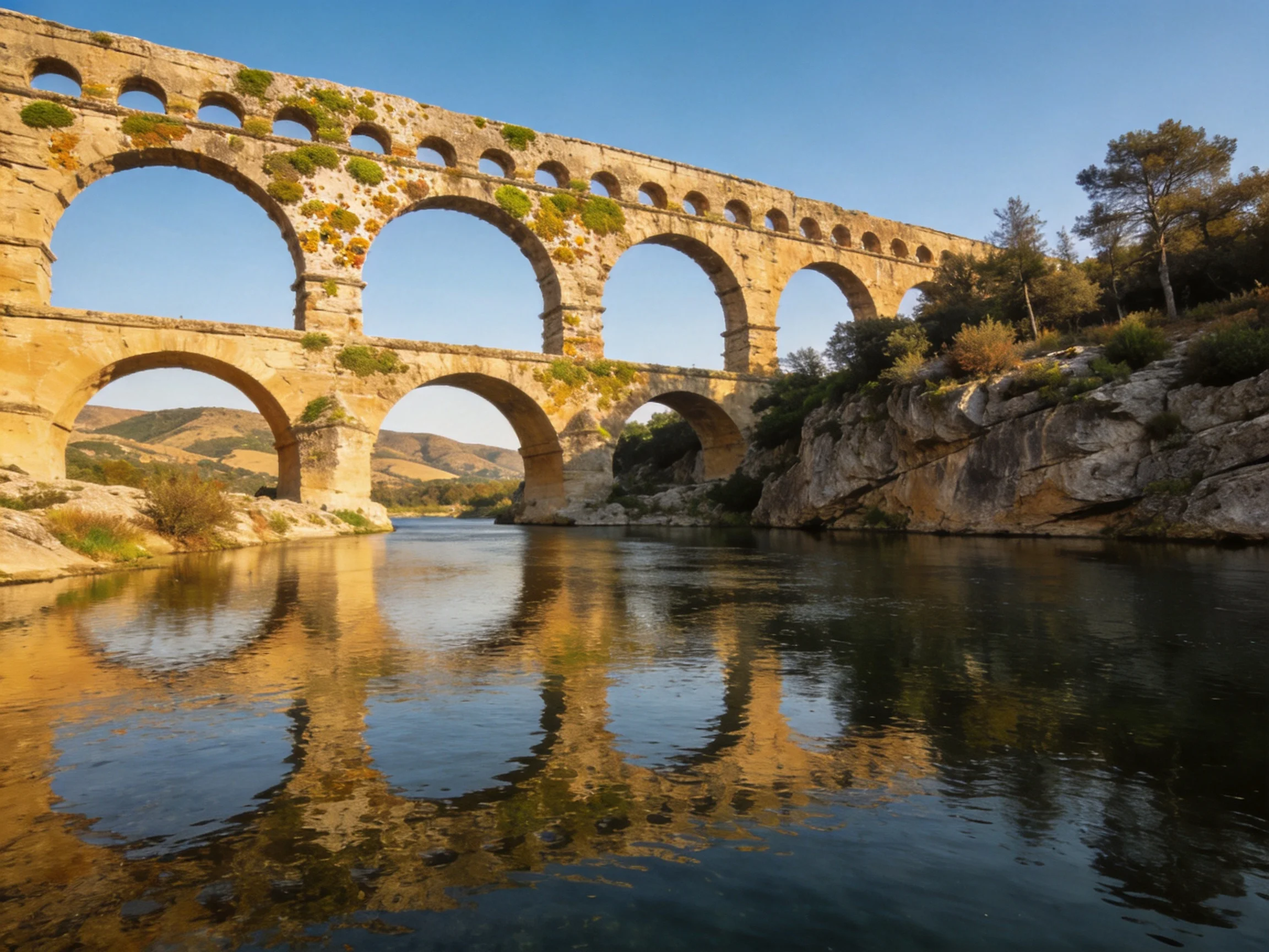 Ancient stone aqueduct with multiple arches over calm water