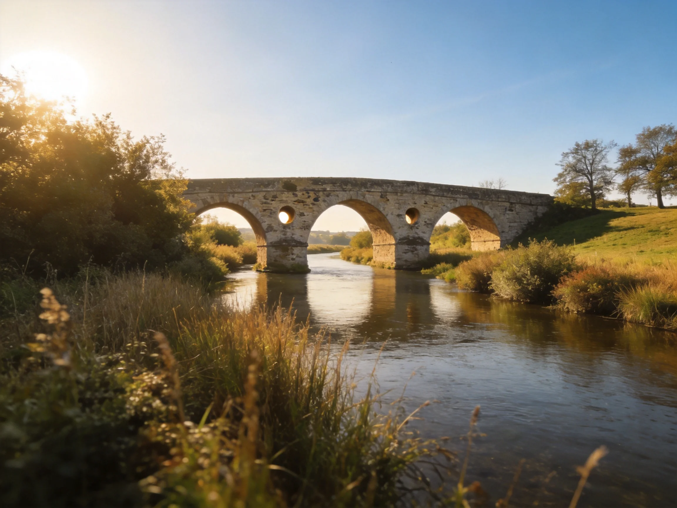 Ancient stone arch bridge spans calm river amid lush greenery