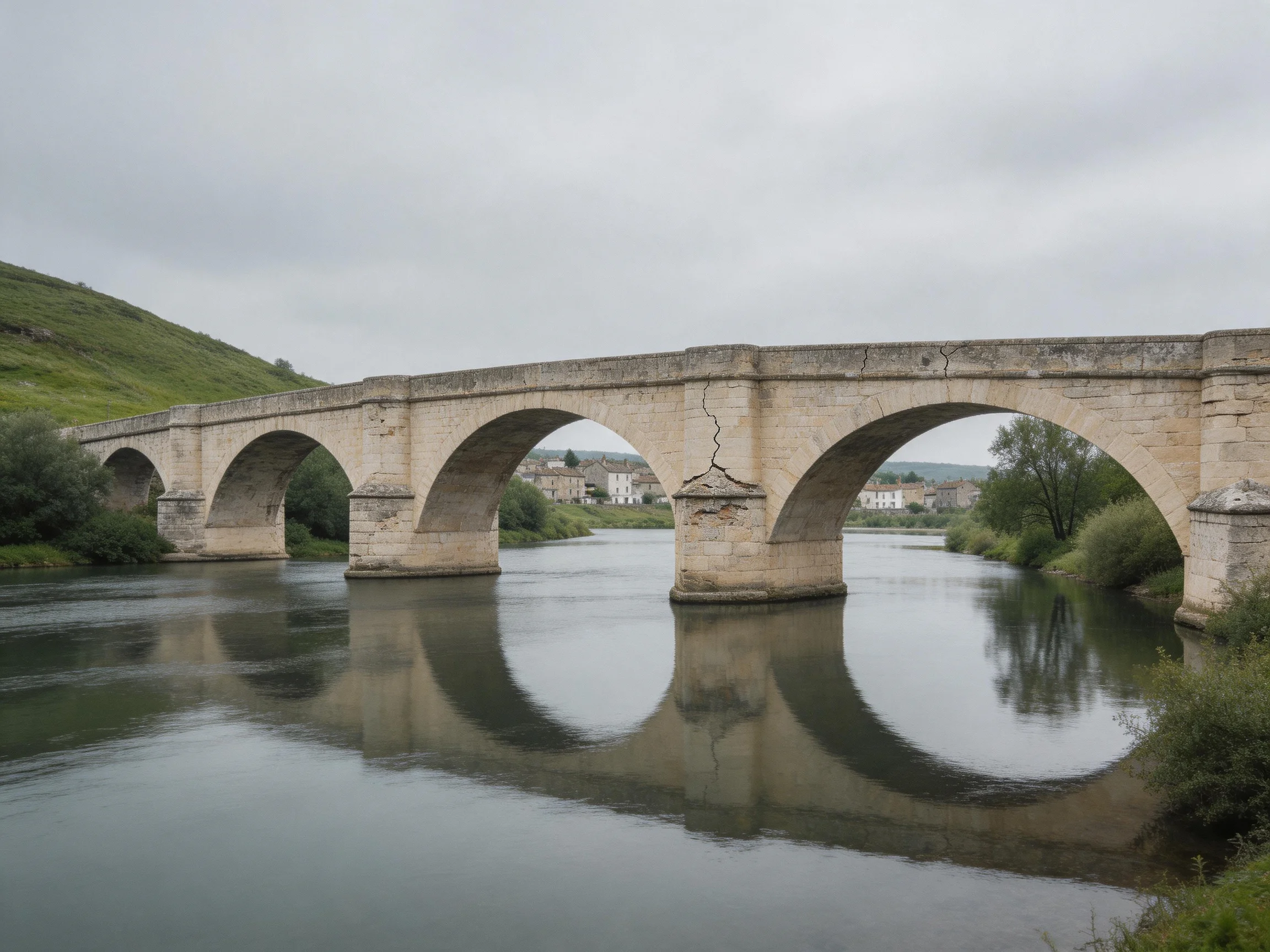Ancient stone arch bridge spans calm river near green hills