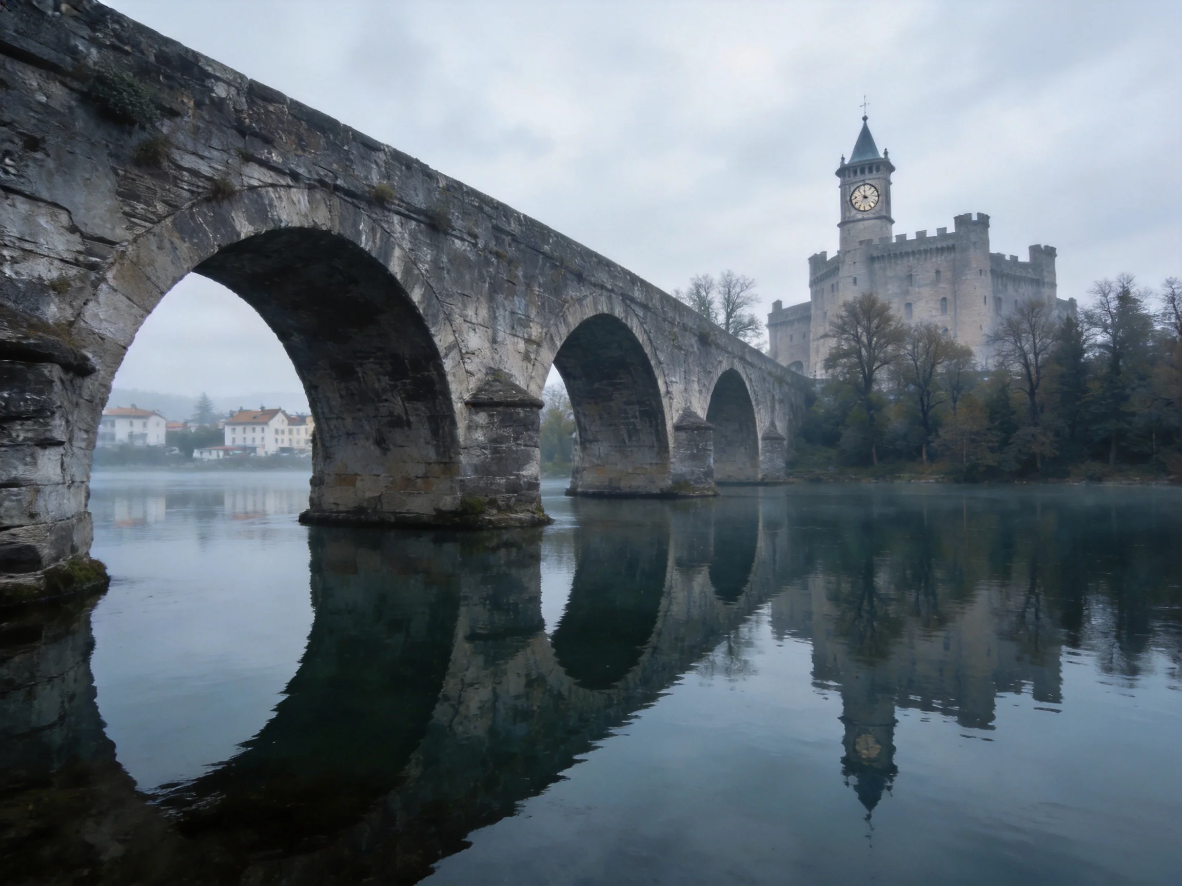 Ancient stone arch bridge spans calm river near medieval clock tower