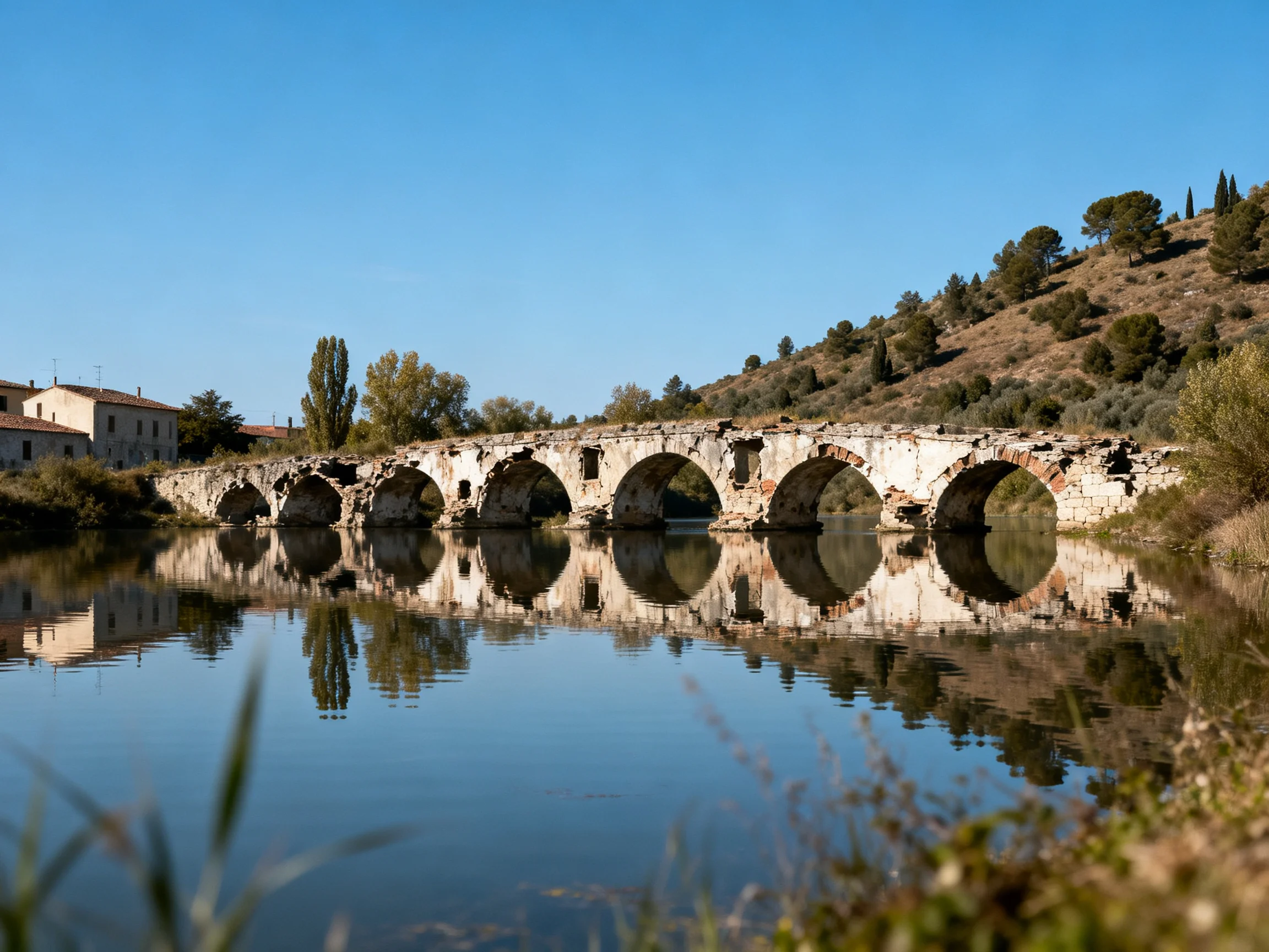 Ancient stone arch bridge spans calm waters under bright blue sky