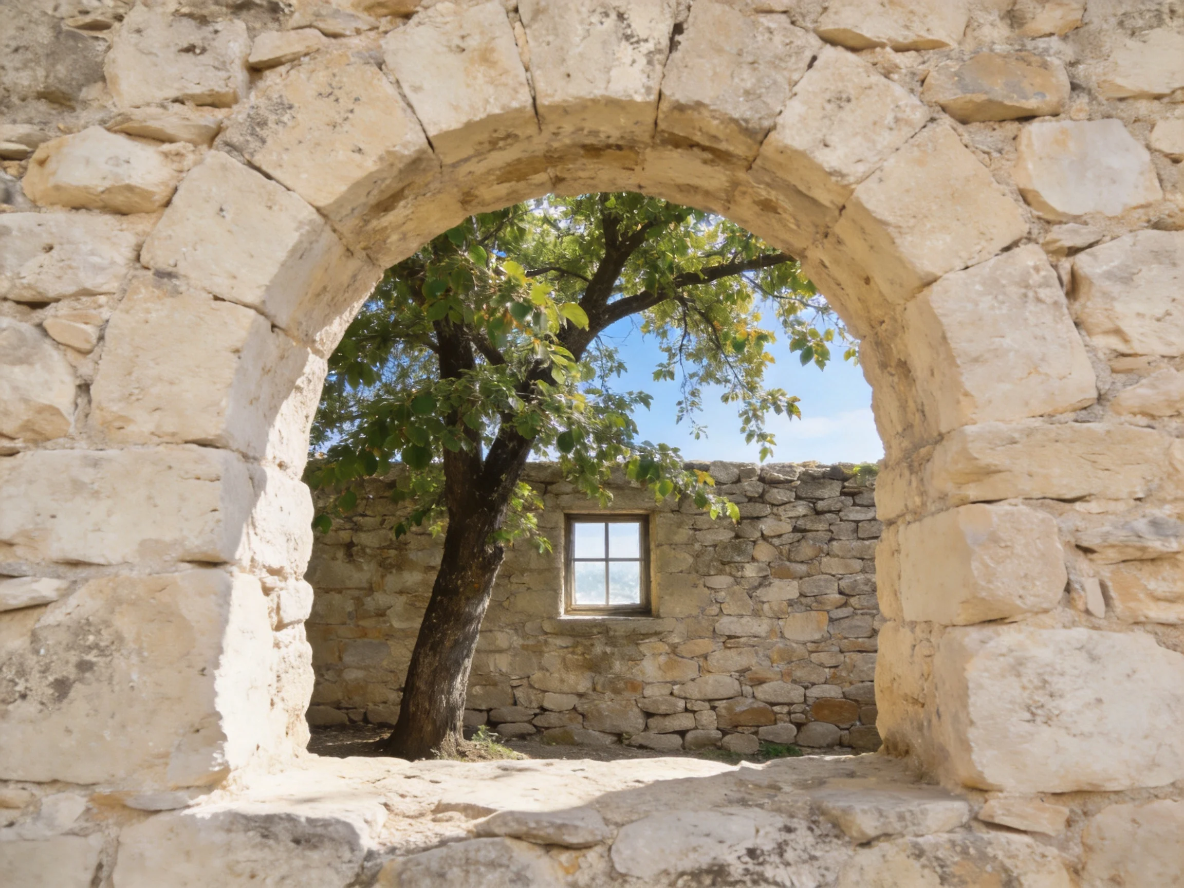 Ancient stone arch frames a tree and weathered wall with a small window