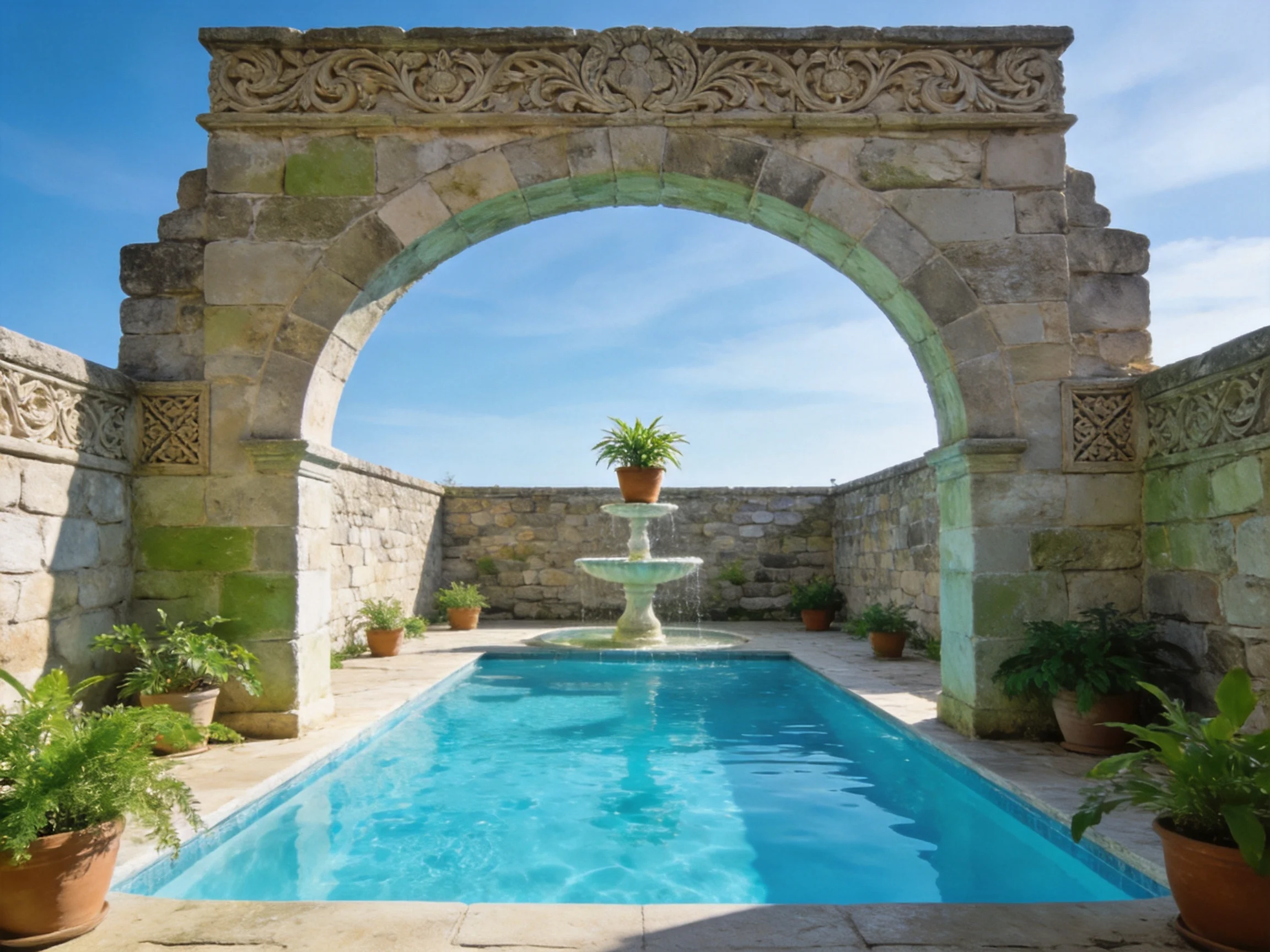 Ancient stone arch frames a turquoise pool with potted greenery