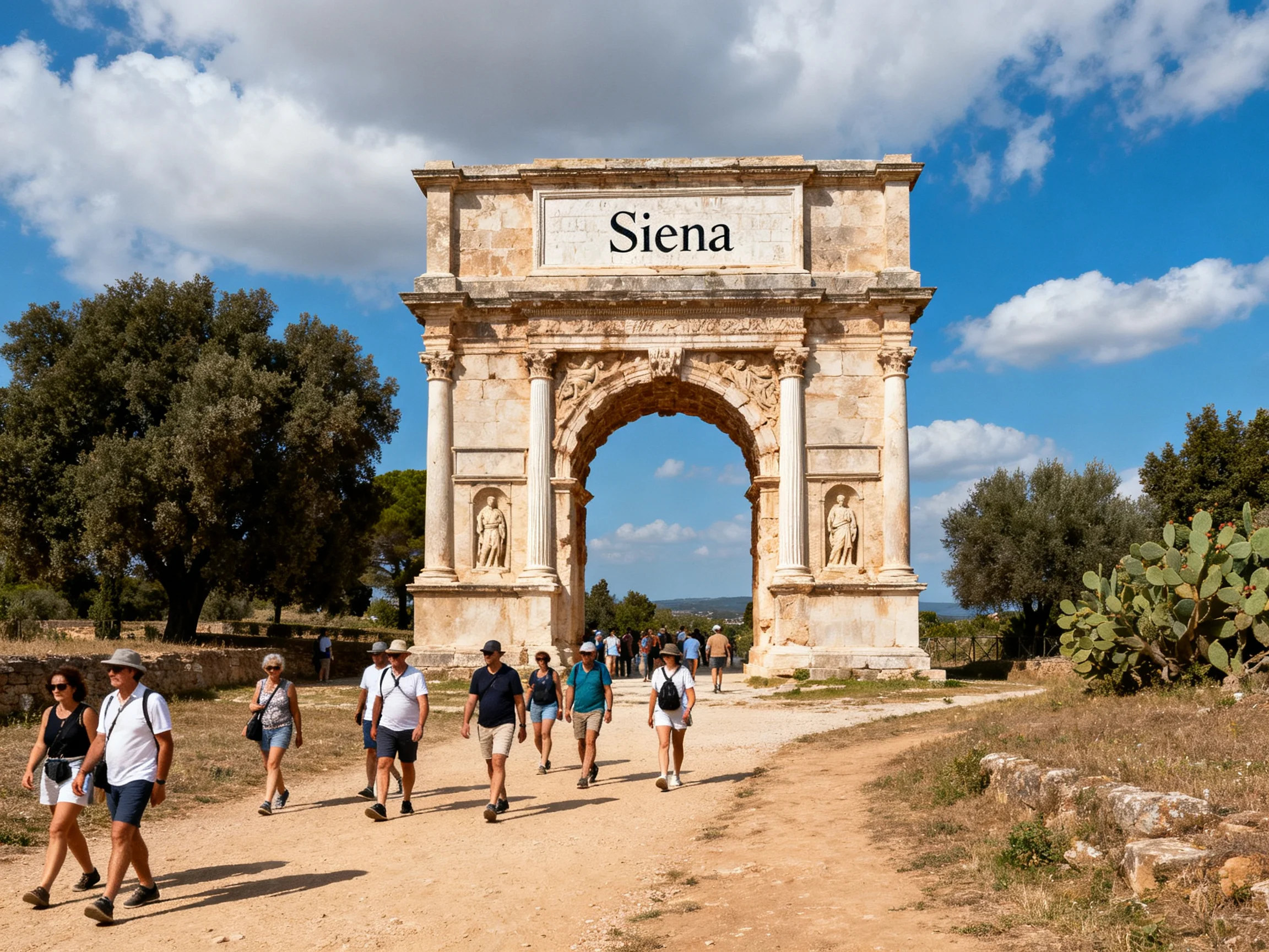 Ancient stone arch labeled Siena with tourists and olive trees