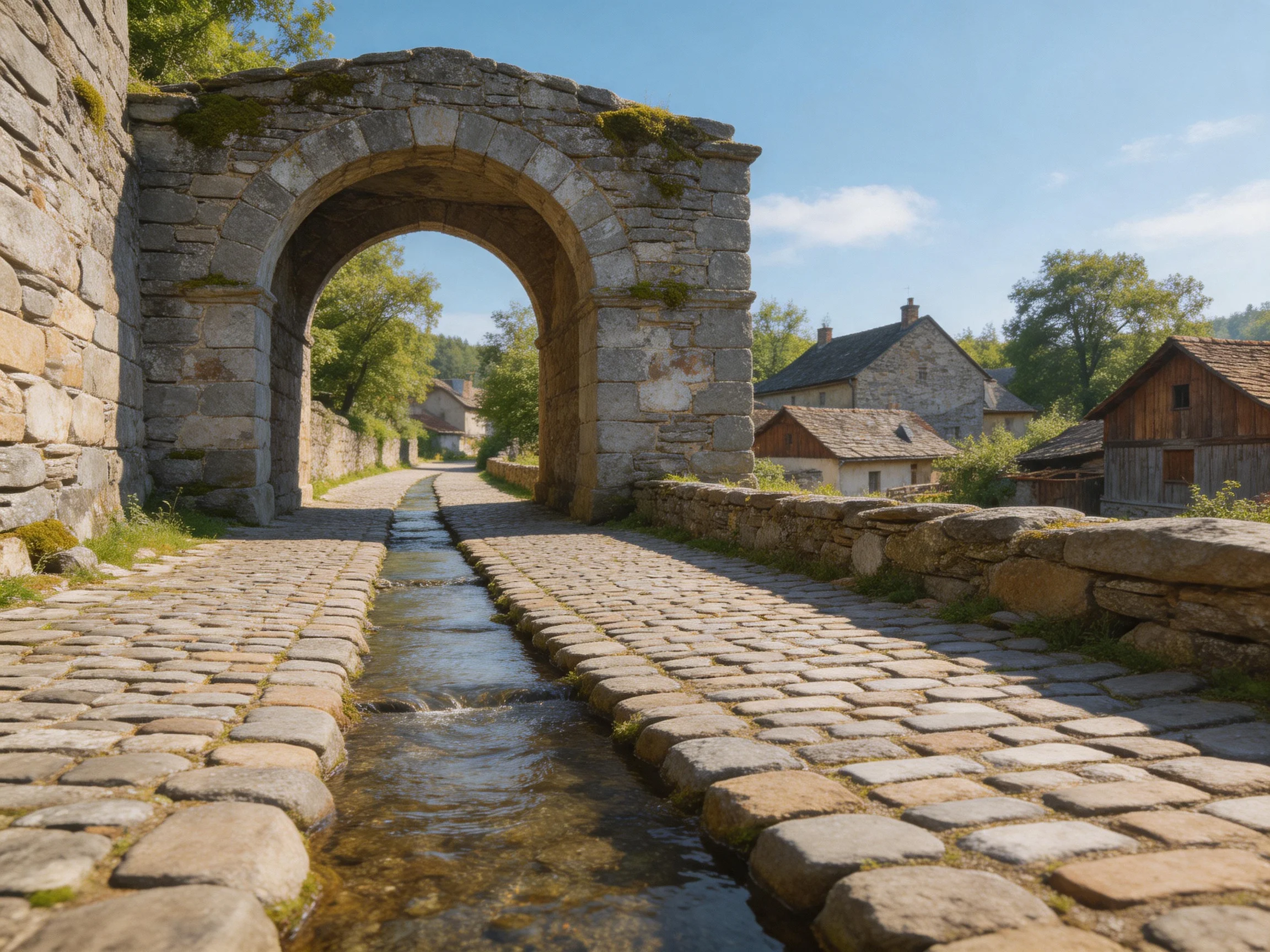 Ancient stone arch over cobblestone path with running water