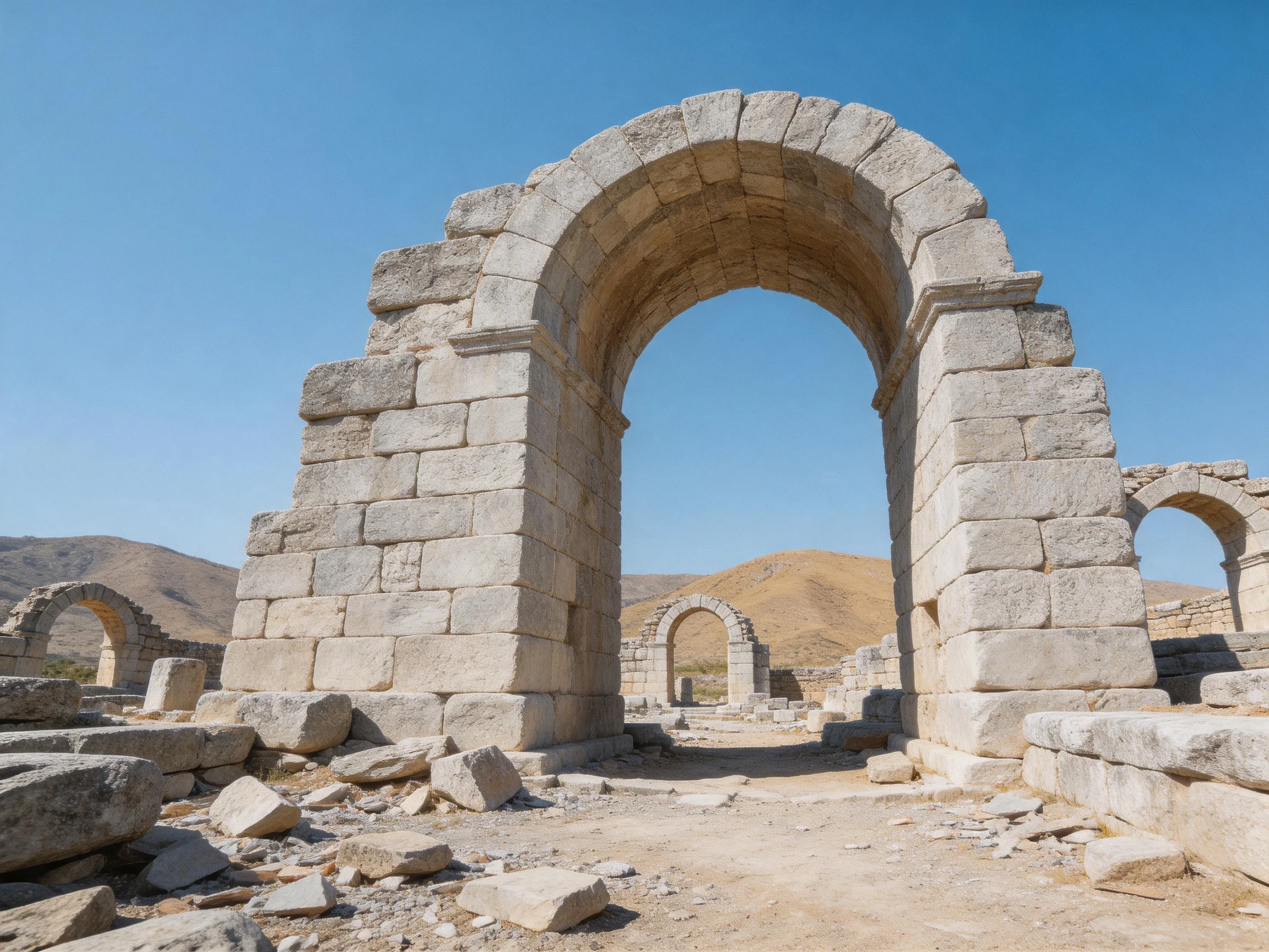 Ancient stone arch ruins with clear blue sky and mountainous backdrop