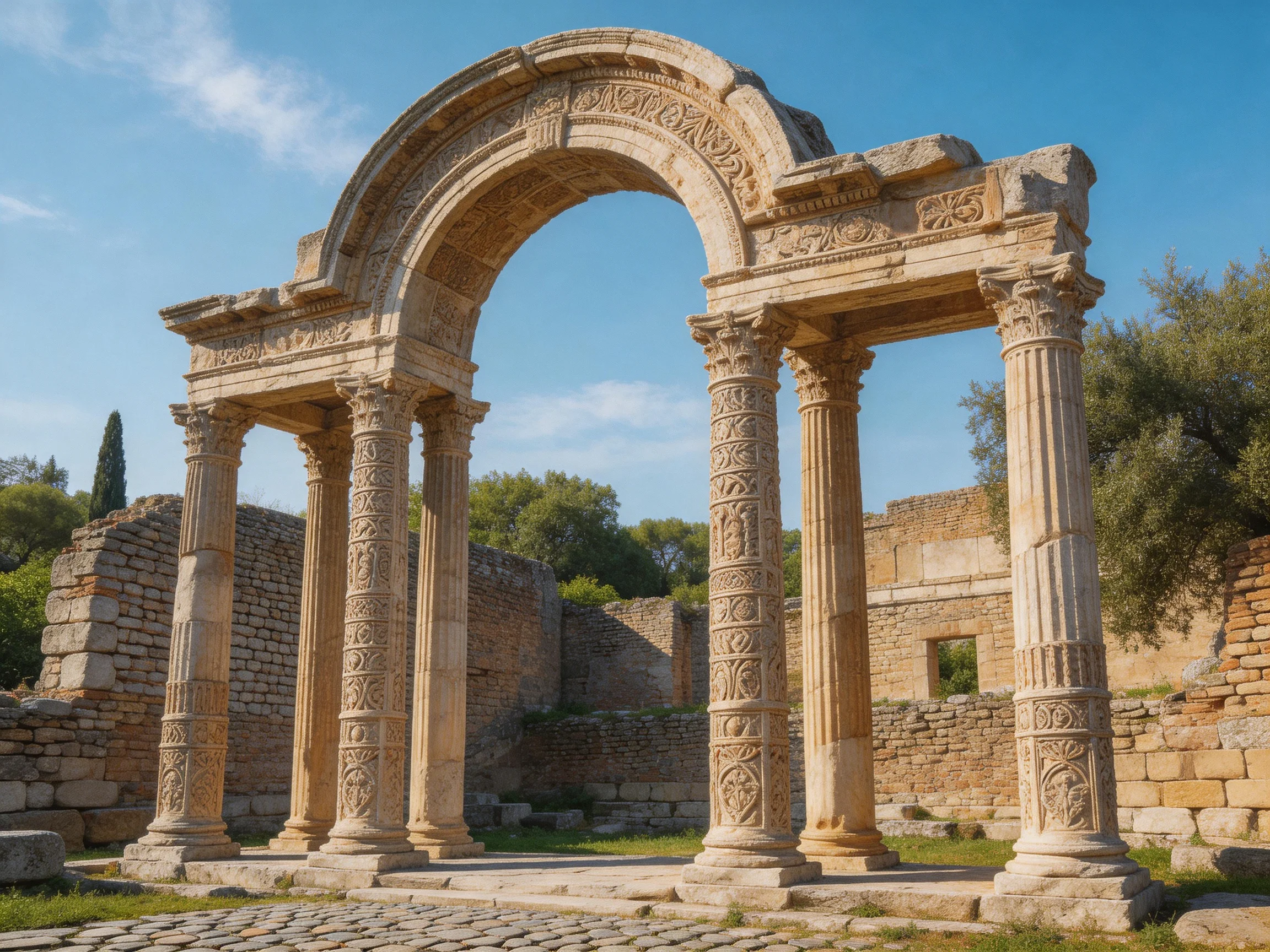 Ancient stone arch with intricately carved columns and ruins