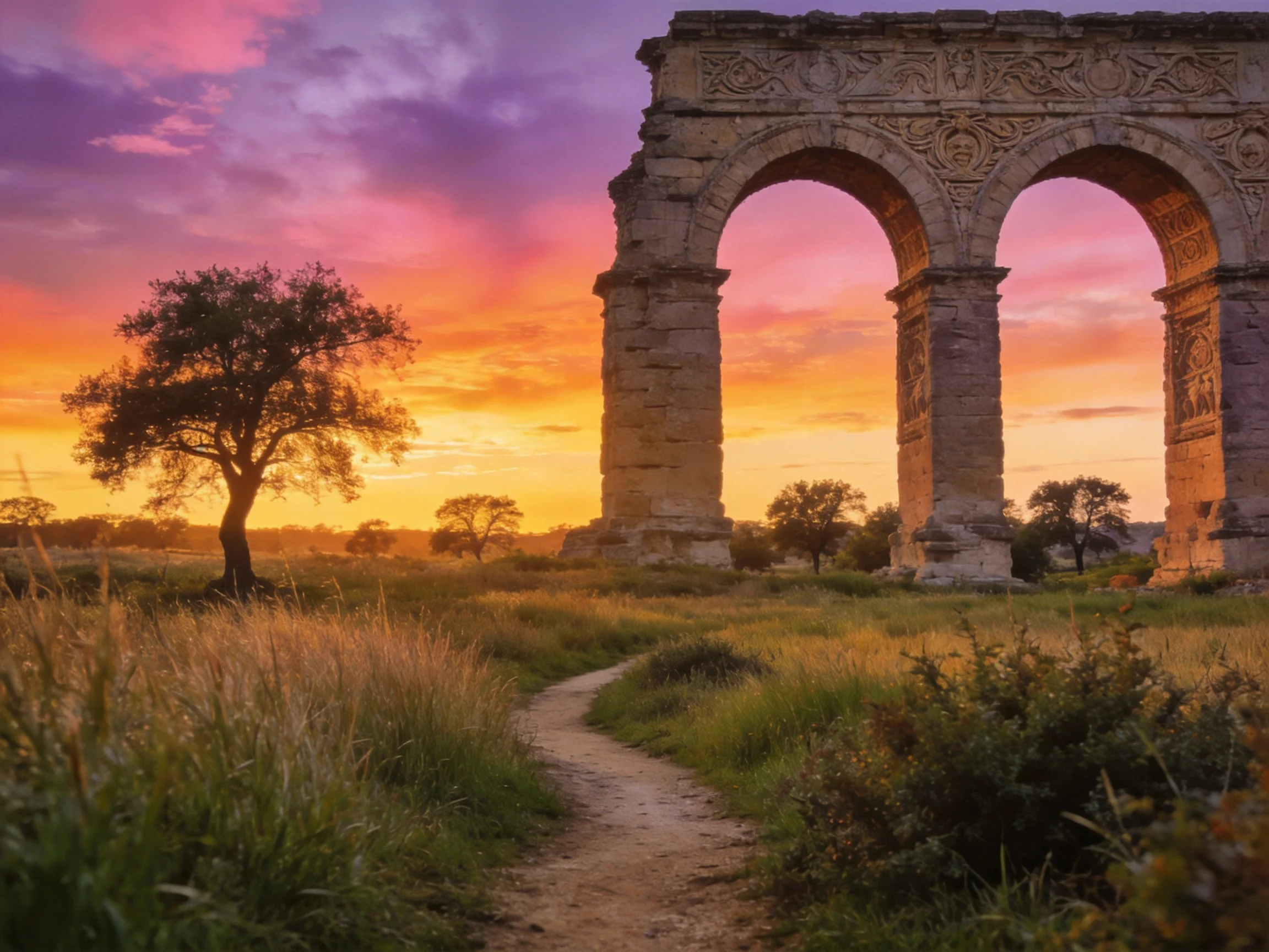 Ancient stone arches beneath vibrant sunset skies over grassy fields