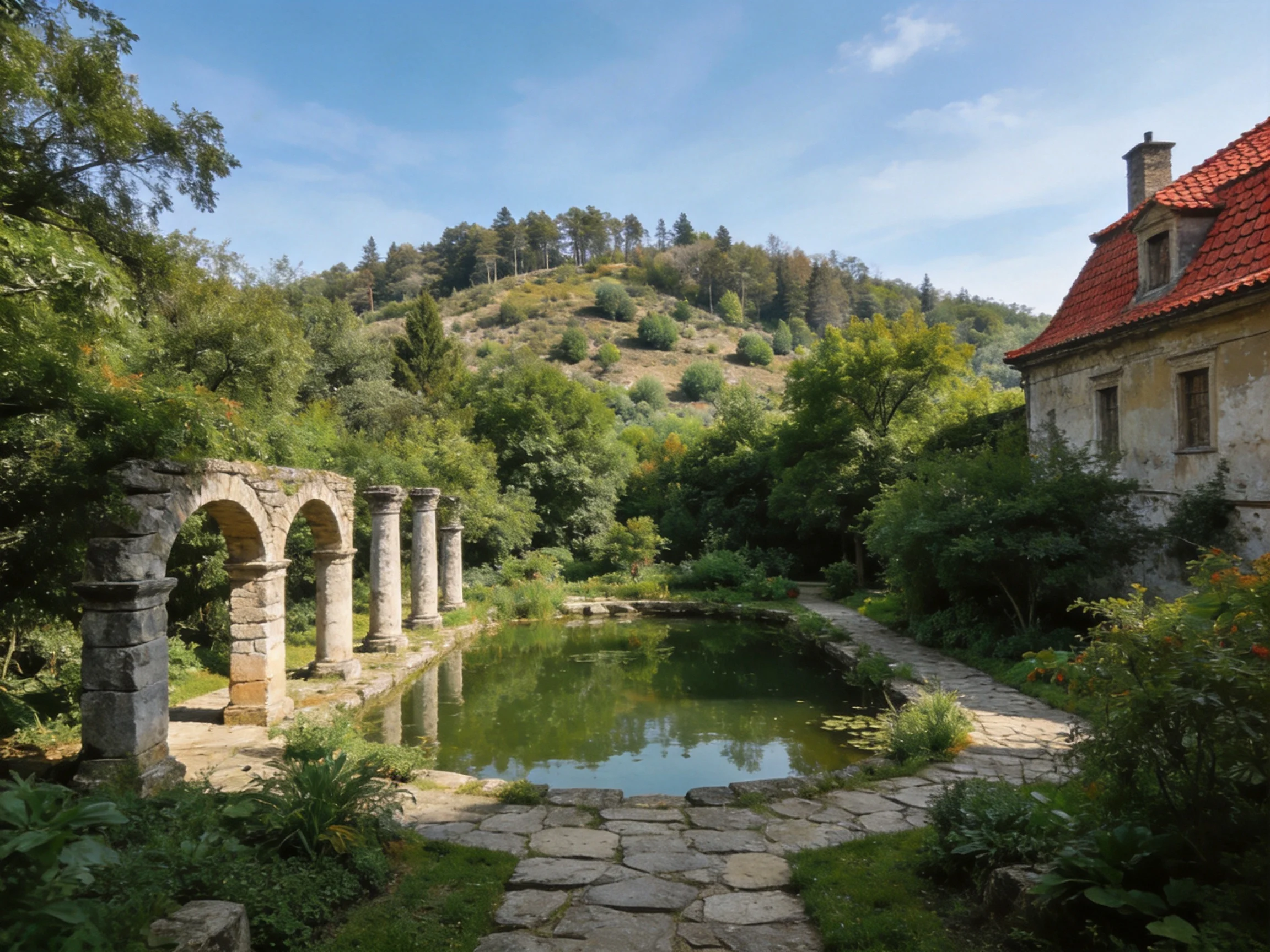 Ancient stone arches beside a serene pond near a red-roofed house
