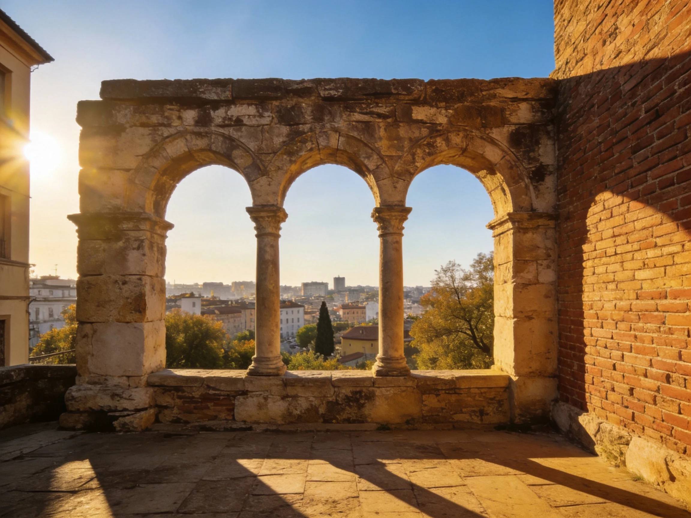 Ancient stone arches with brick walls overlook a sunlit city