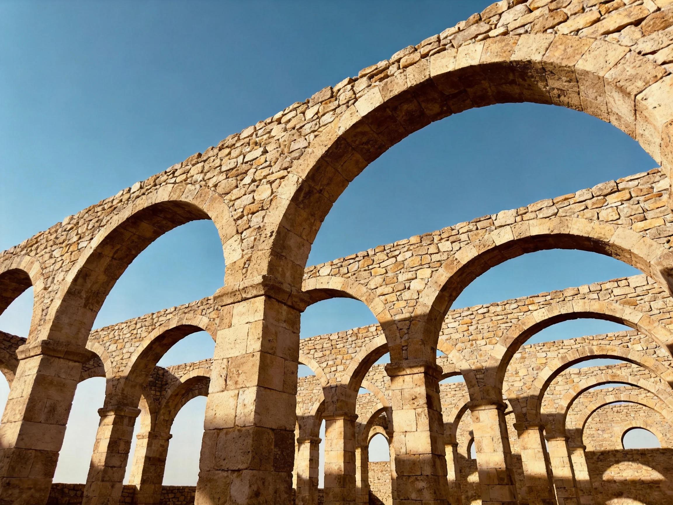 Ancient stone arches with multiple rounded openings under clear blue sky