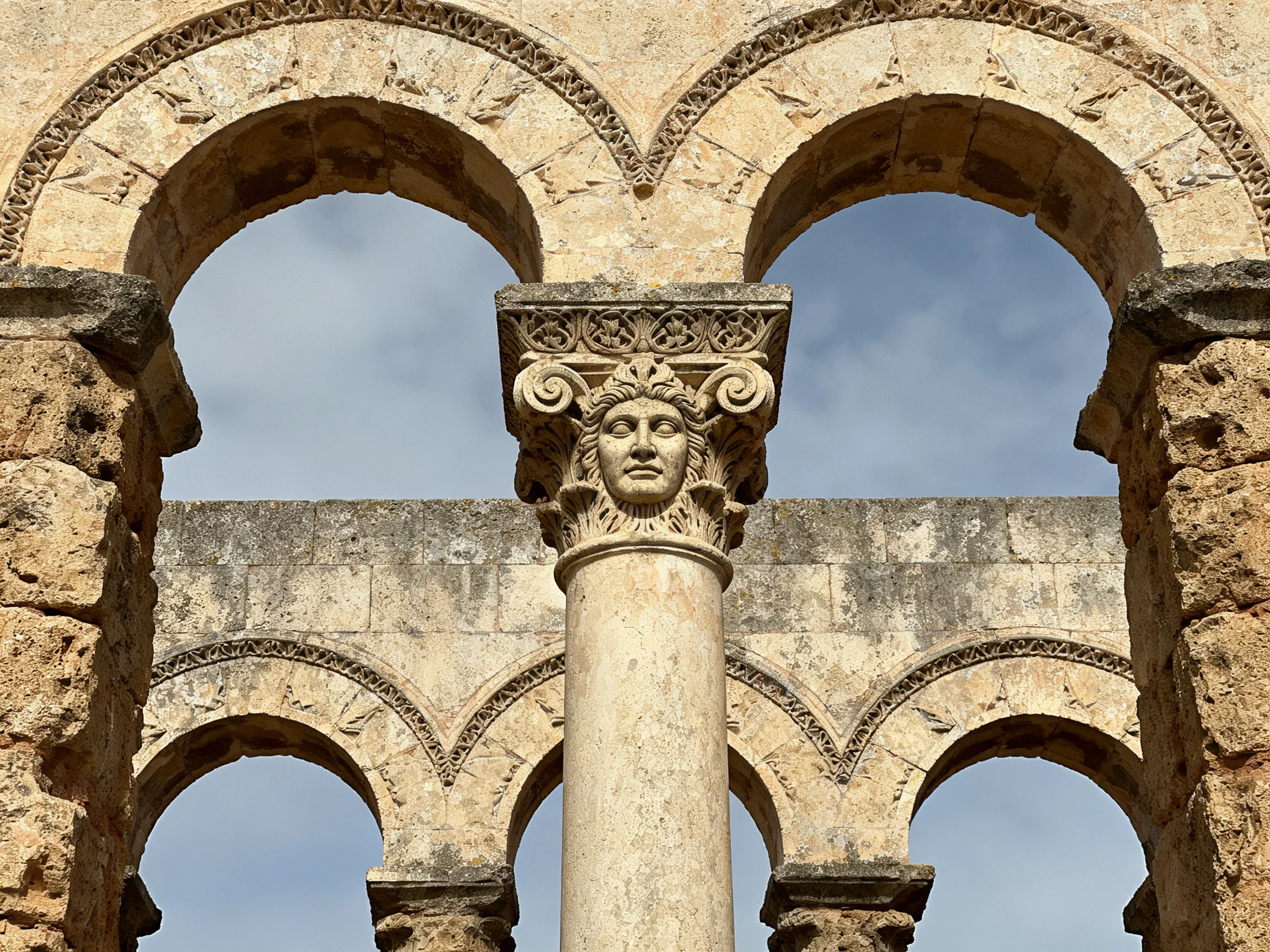Ancient stone arches with ornate carved columns and weathered texture