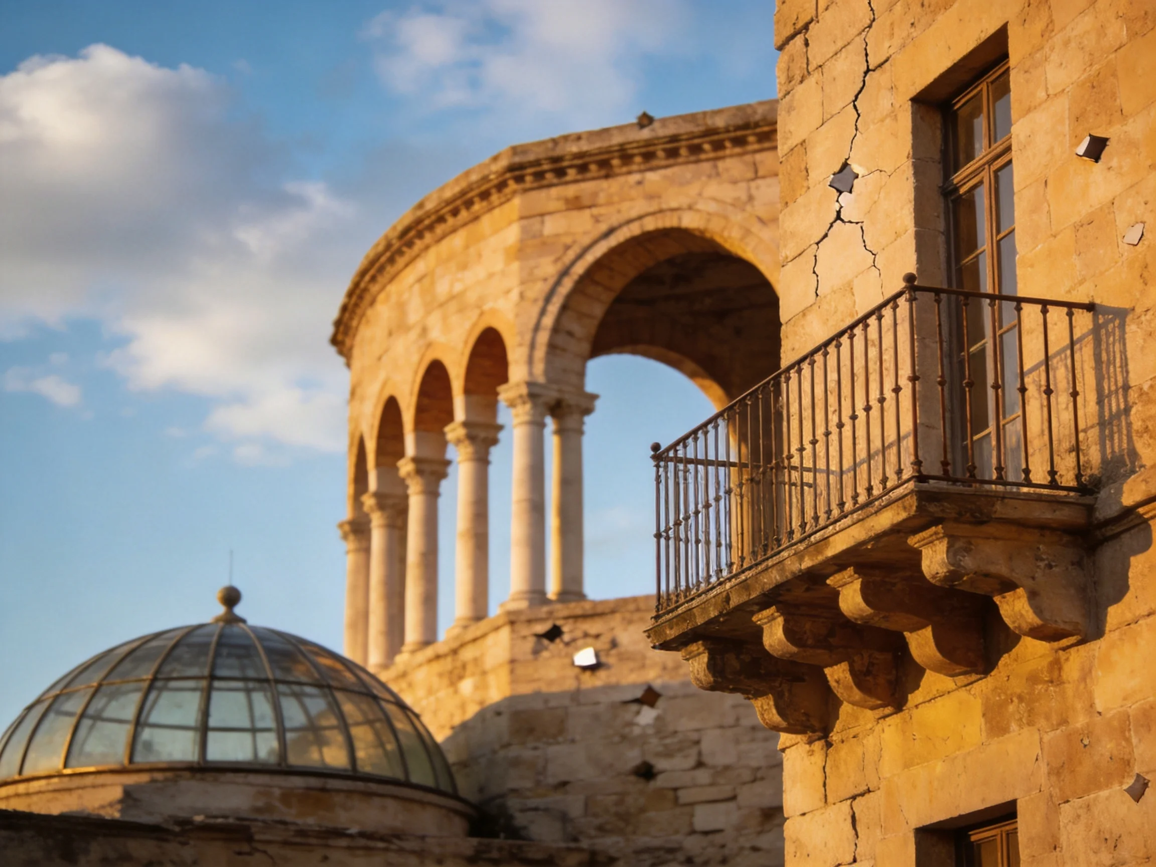 Ancient stone architecture with arched columns and domed glass structure