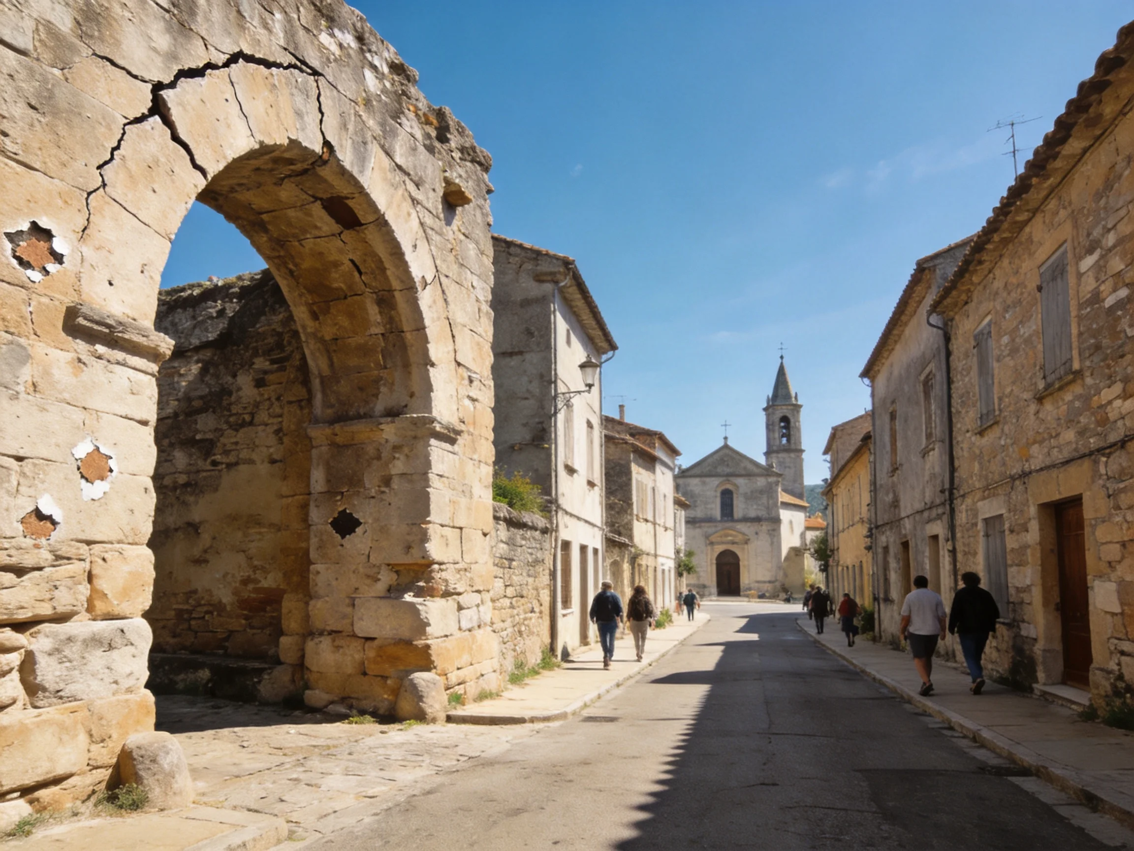 Ancient stone archway along cobblestone village street near church