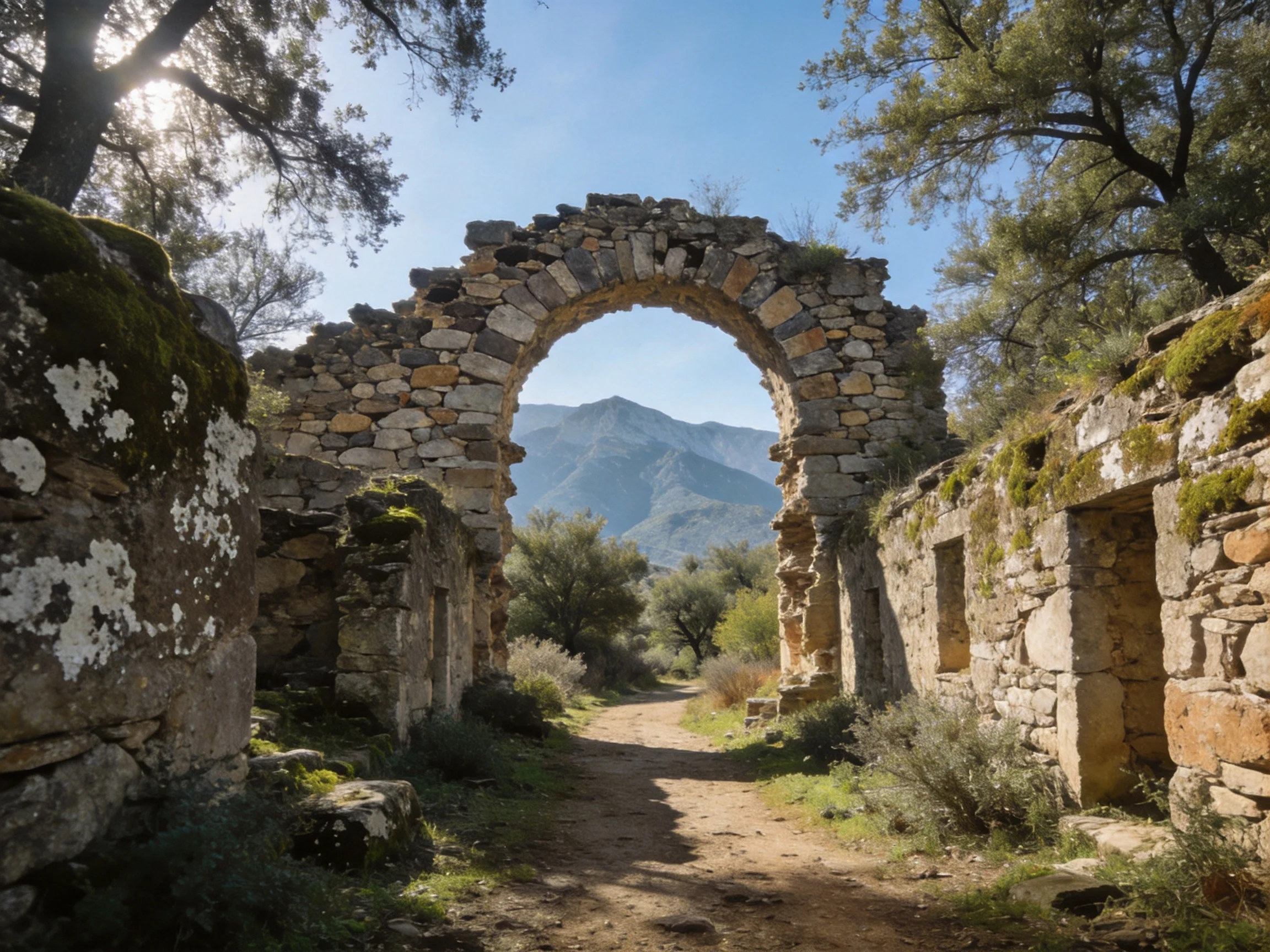 Ancient stone archway amid moss-covered ruins near mountainous terrain