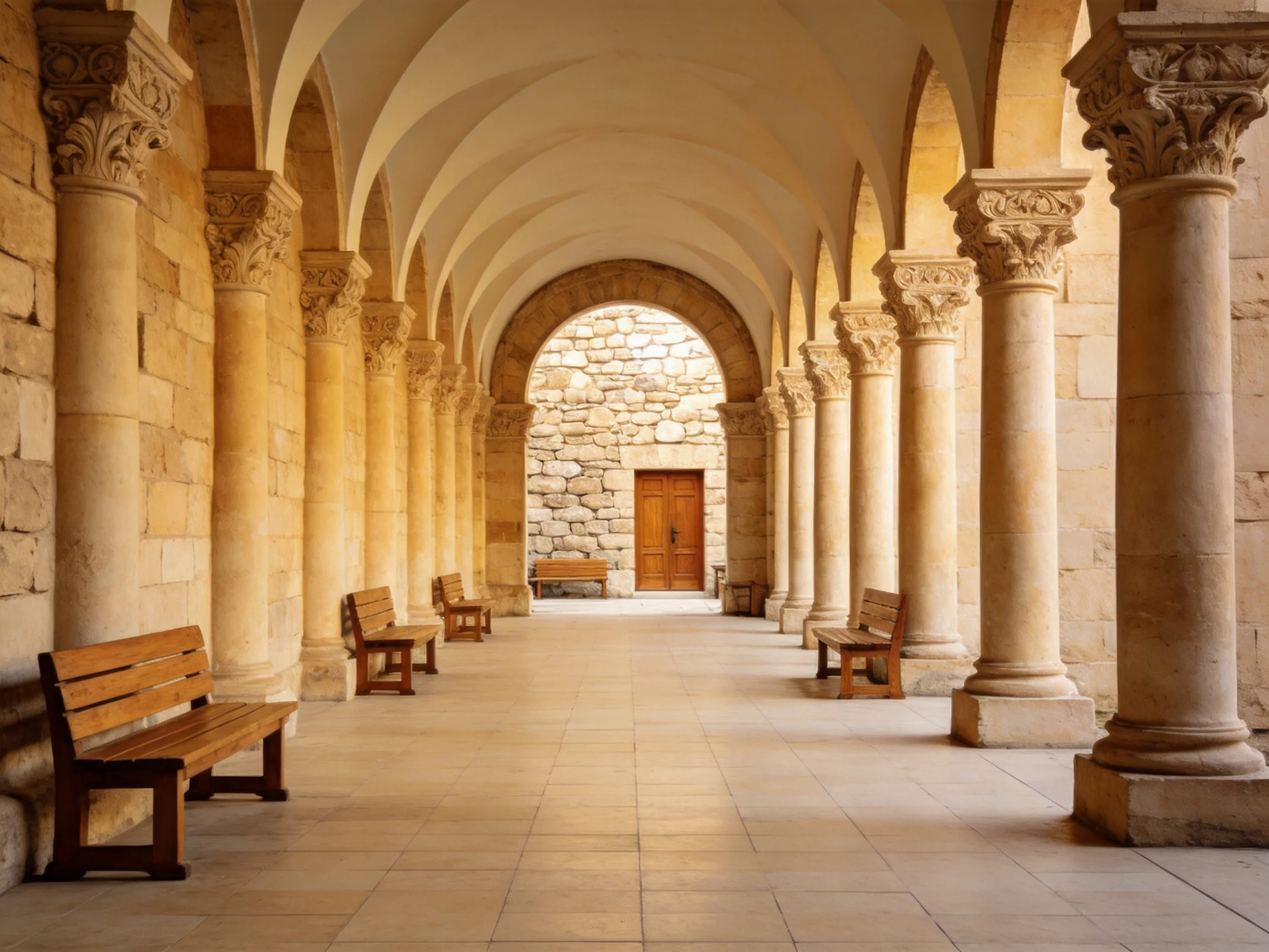 Ancient stone archway corridor with carved columns and wooden benches