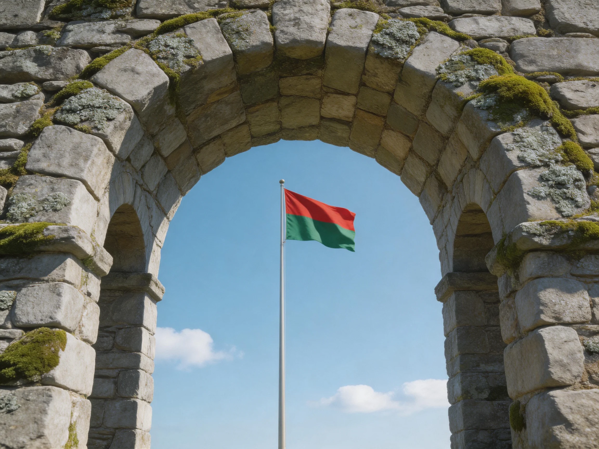 Ancient stone archway frames red-green flag under clear blue sky