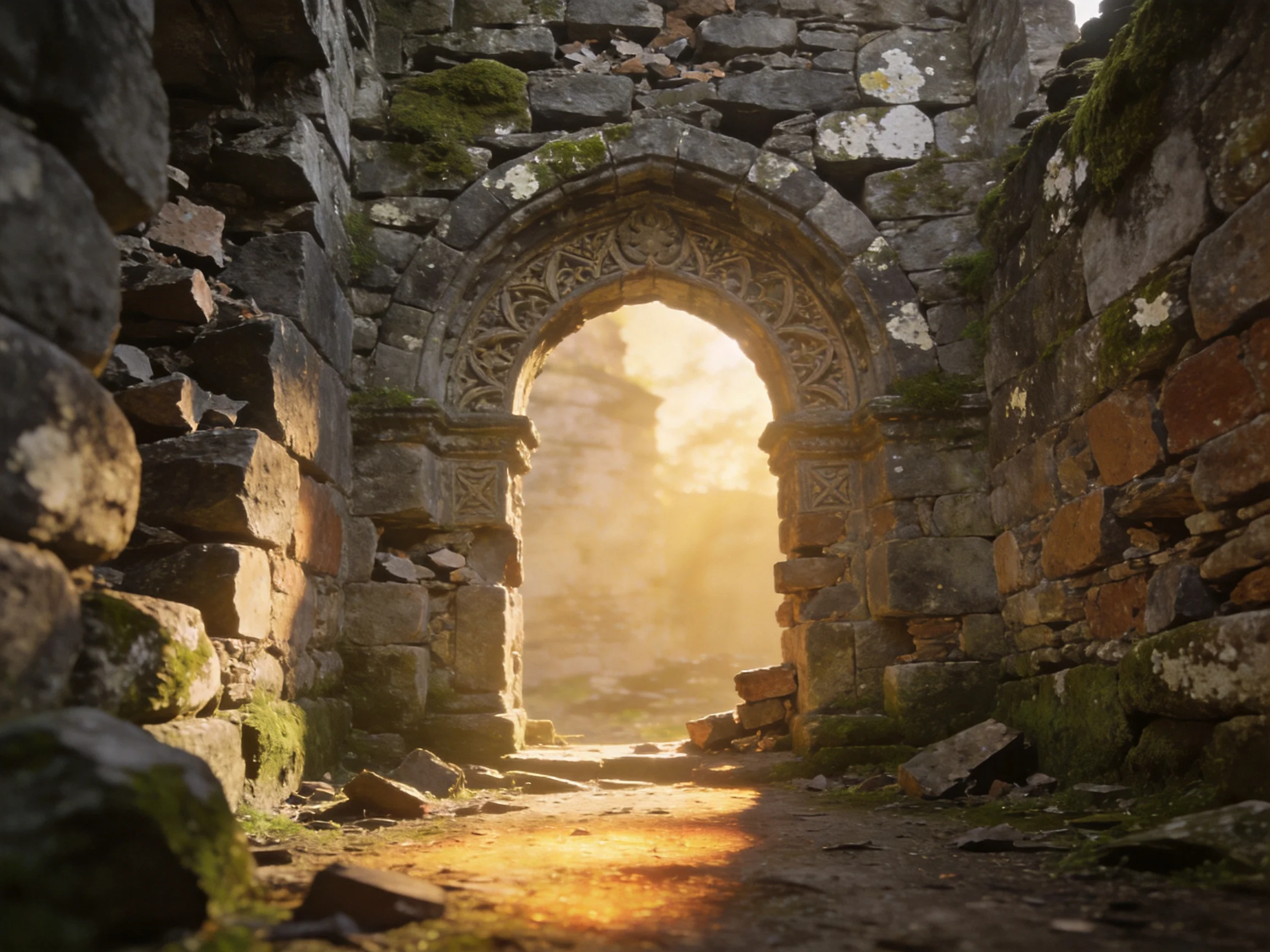 Ancient stone archway with moss-covered walls and golden sunlight