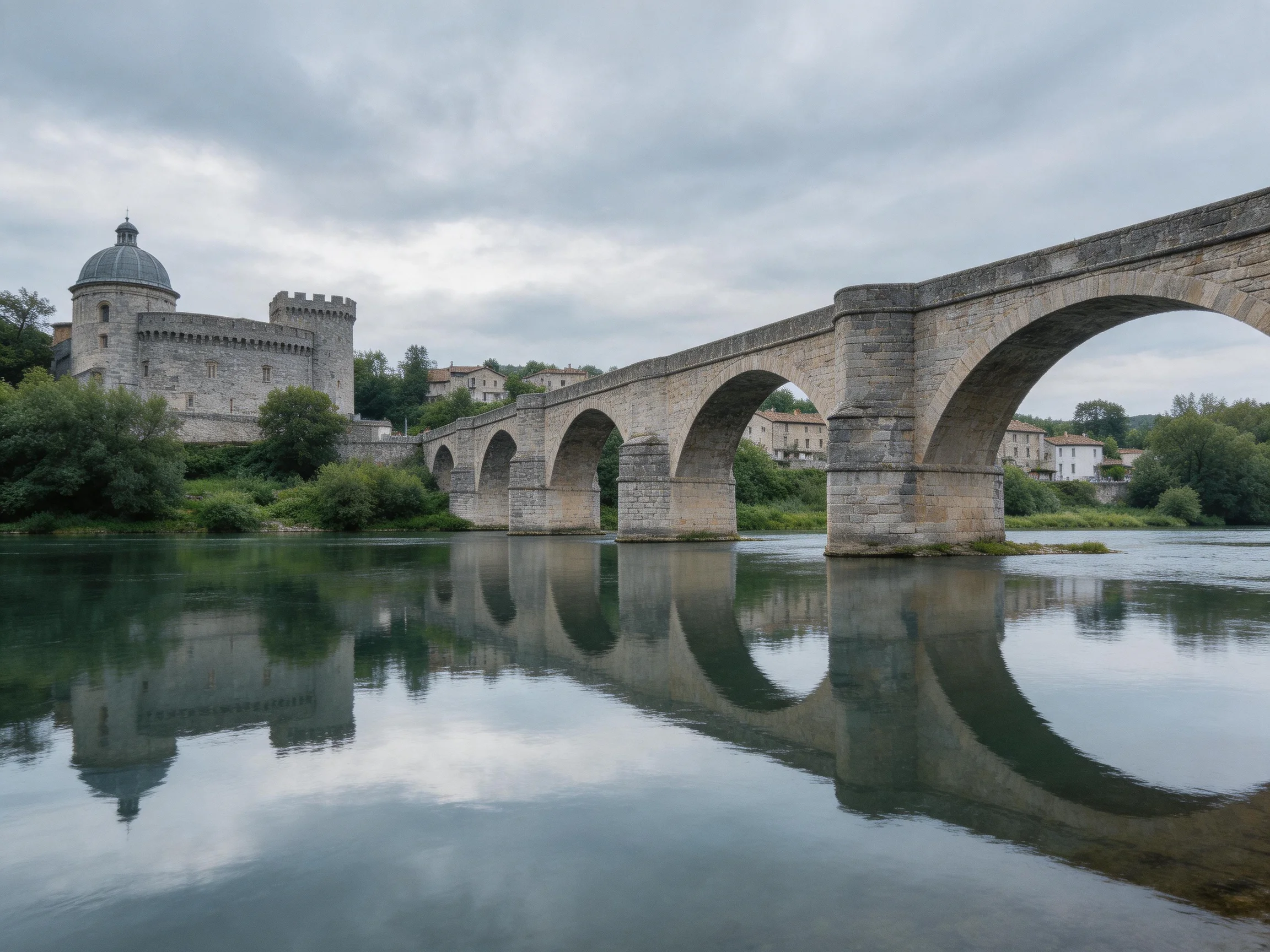 Ancient stone bridge with arches spans calm river near historic castle