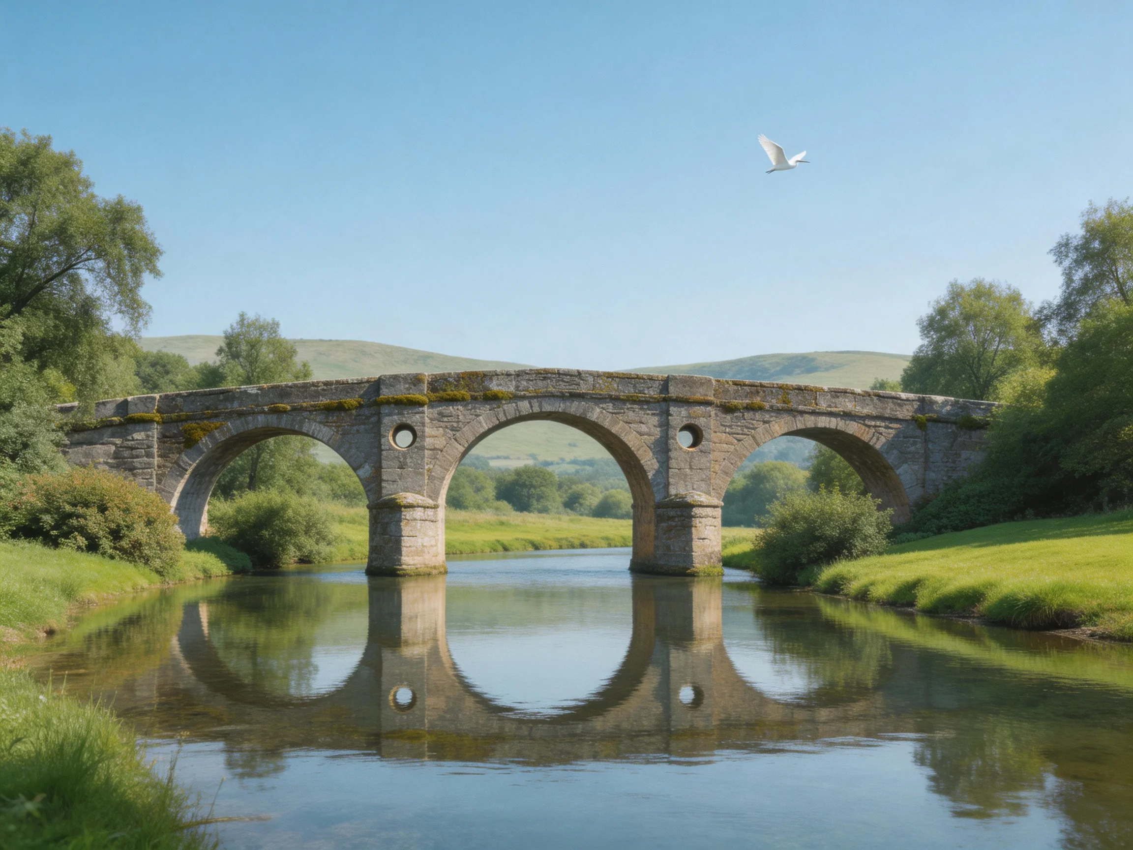 Ancient stone bridge with three arches spans a calm river amid green hills