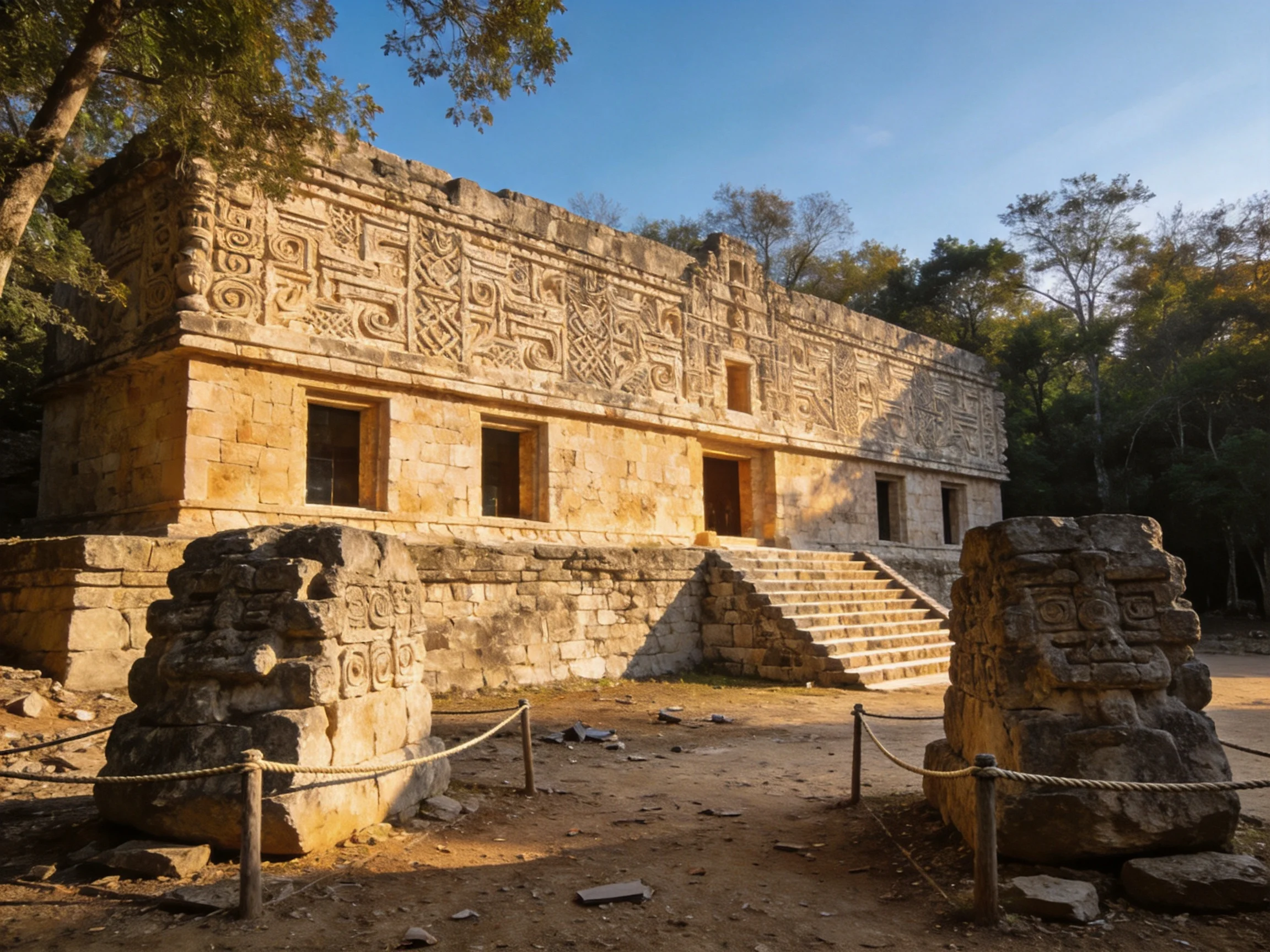 Ancient stone building with elaborate carvings in sunny surroundings
