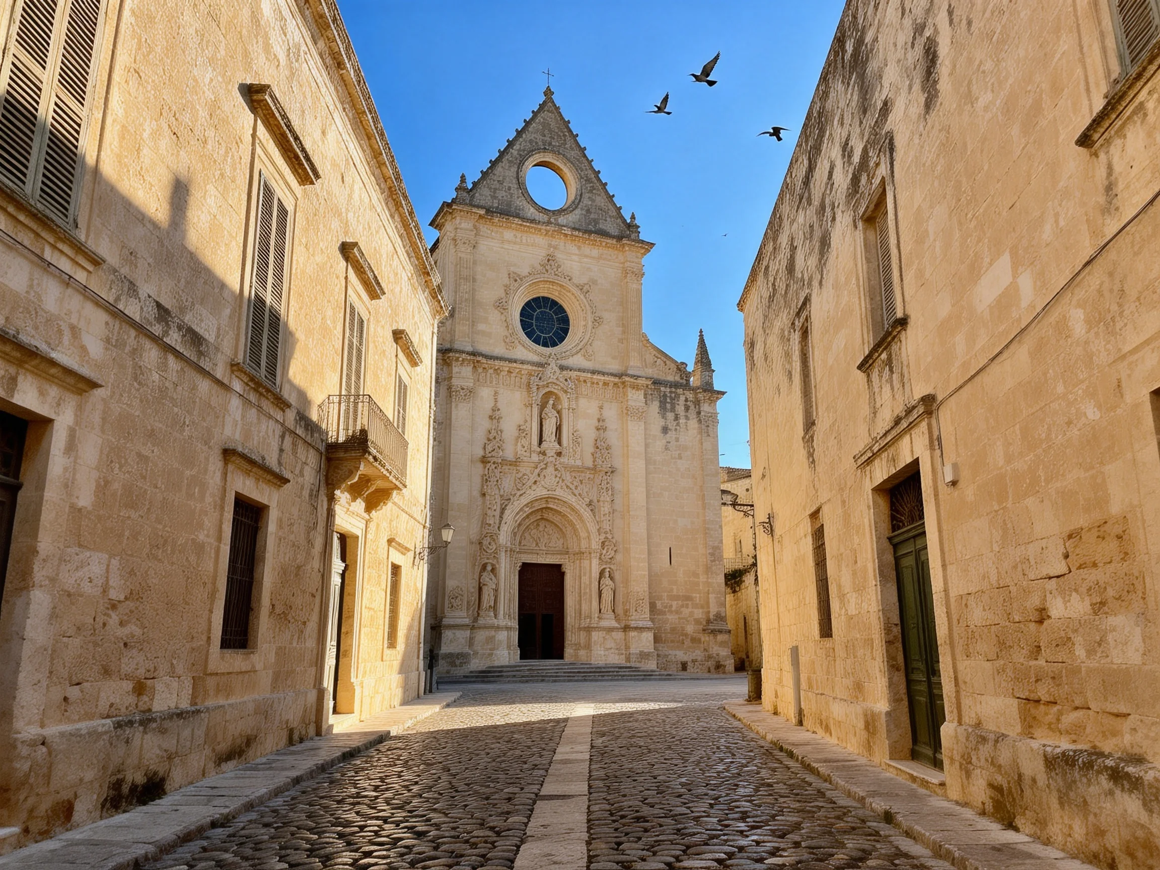 Ancient stone buildings frame a grand church along cobblestone street