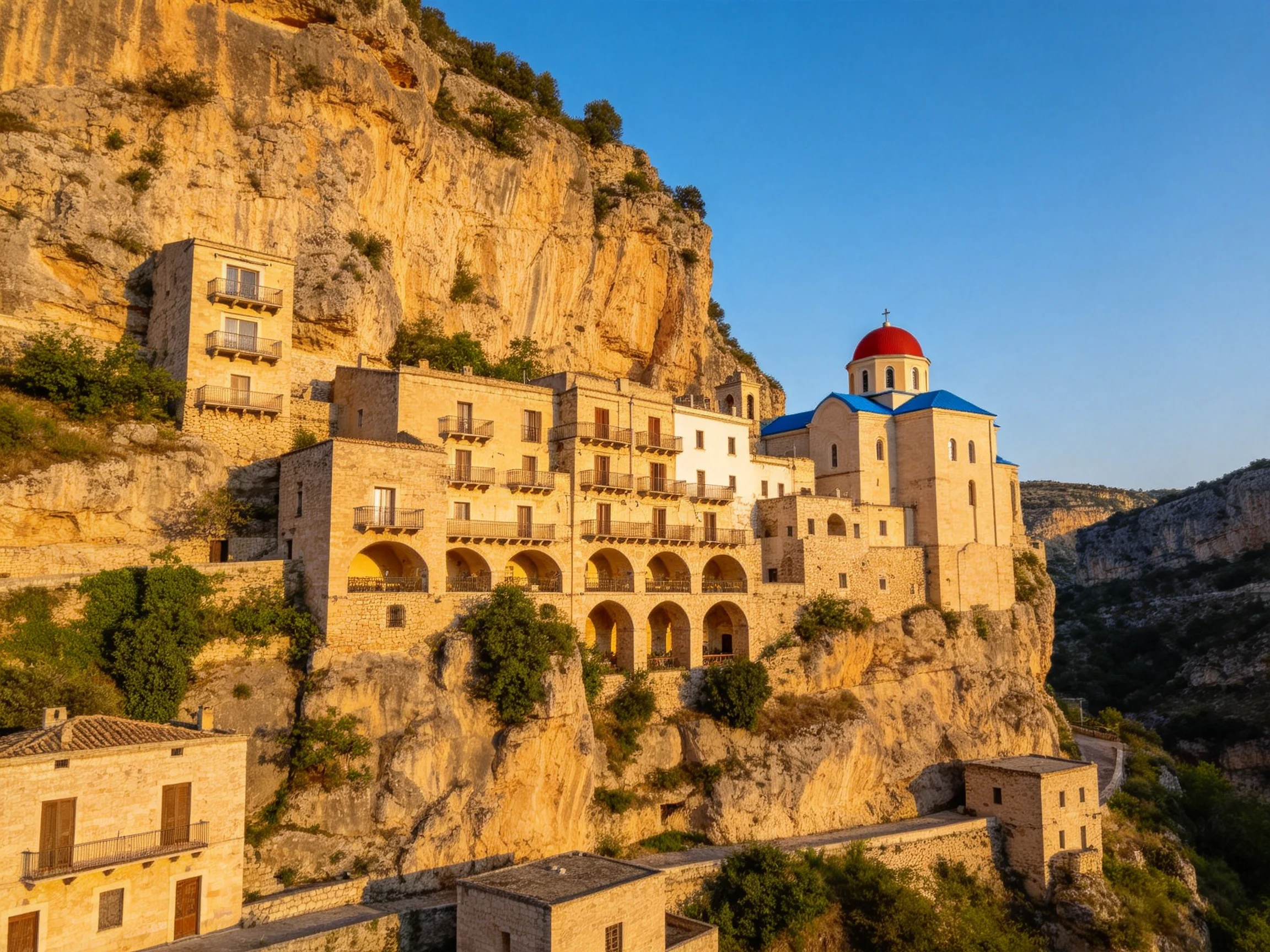 Ancient stone buildings on a rocky cliff with red domed church