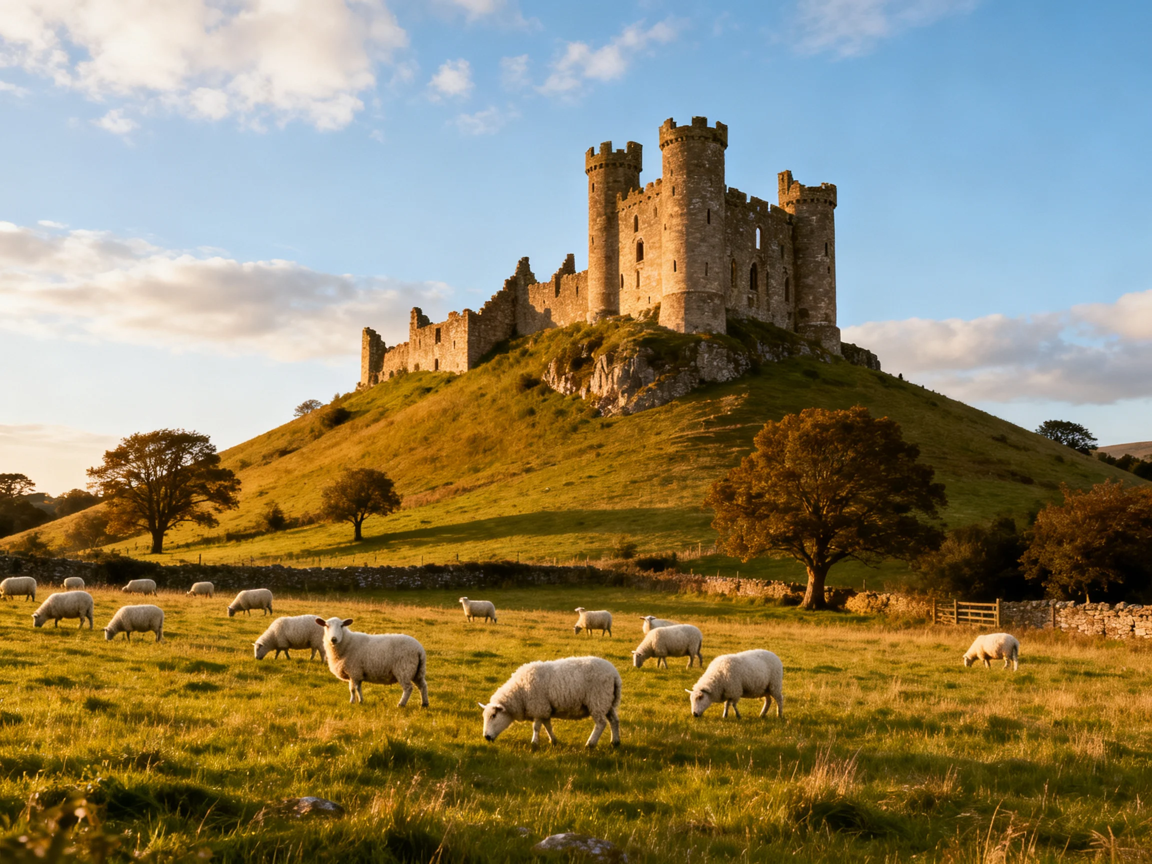 Ancient stone castle atop a grassy hill with sheep