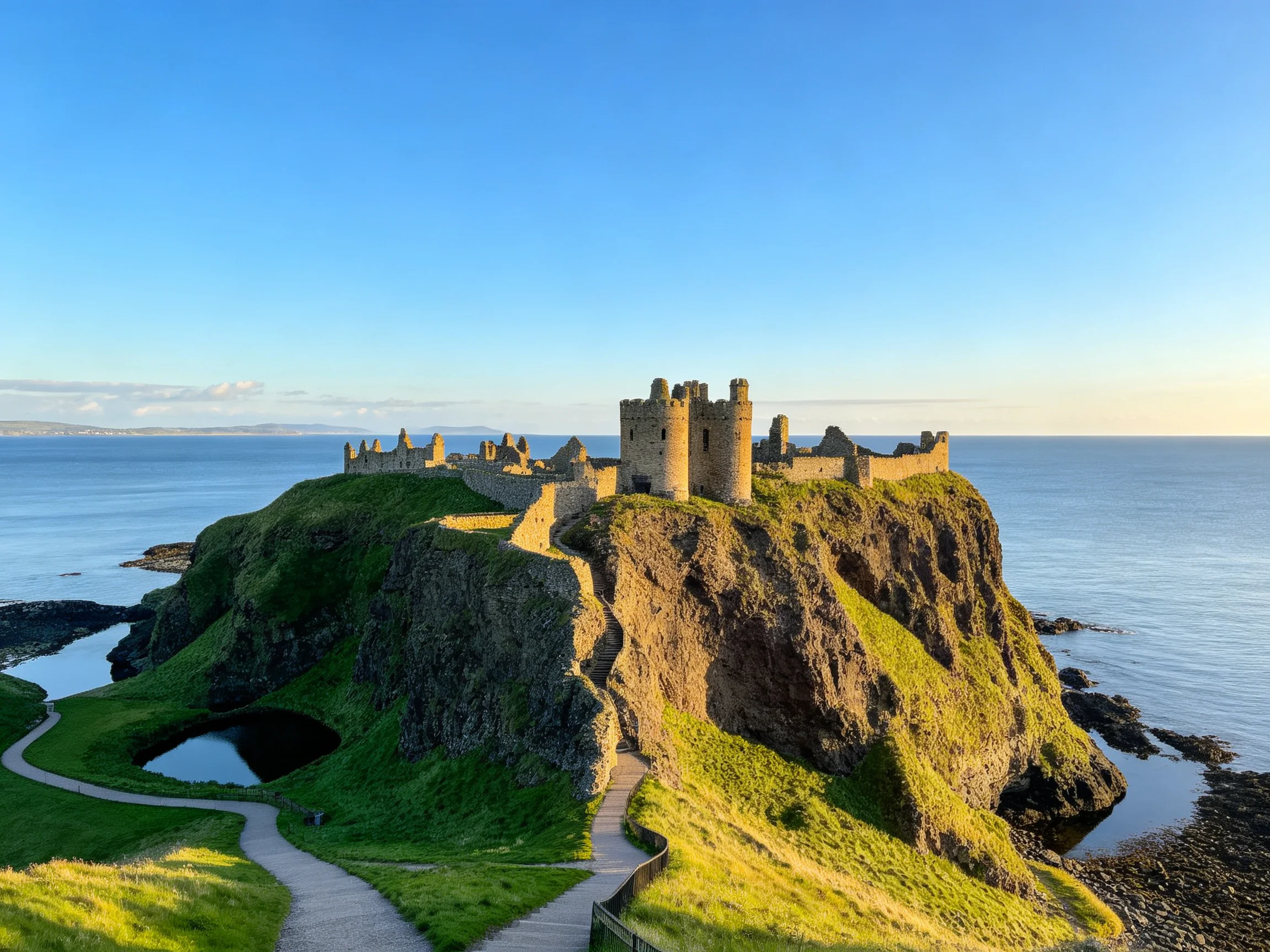 Ancient stone castle atop a lush coastal cliff