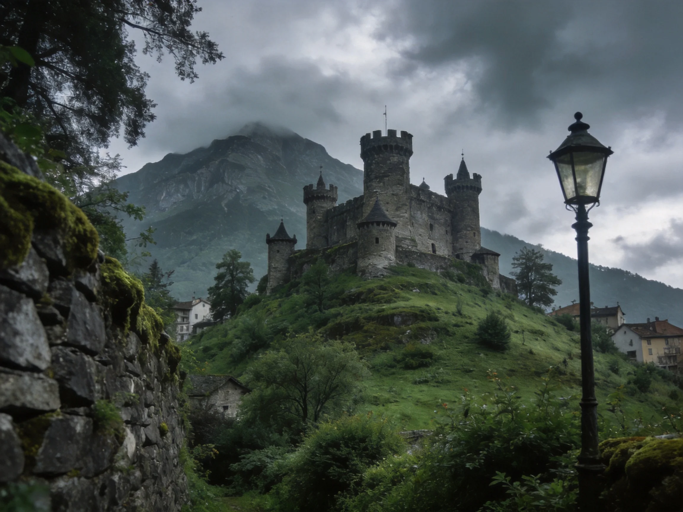 Ancient stone castle atop a mossy green hill with misty mountains