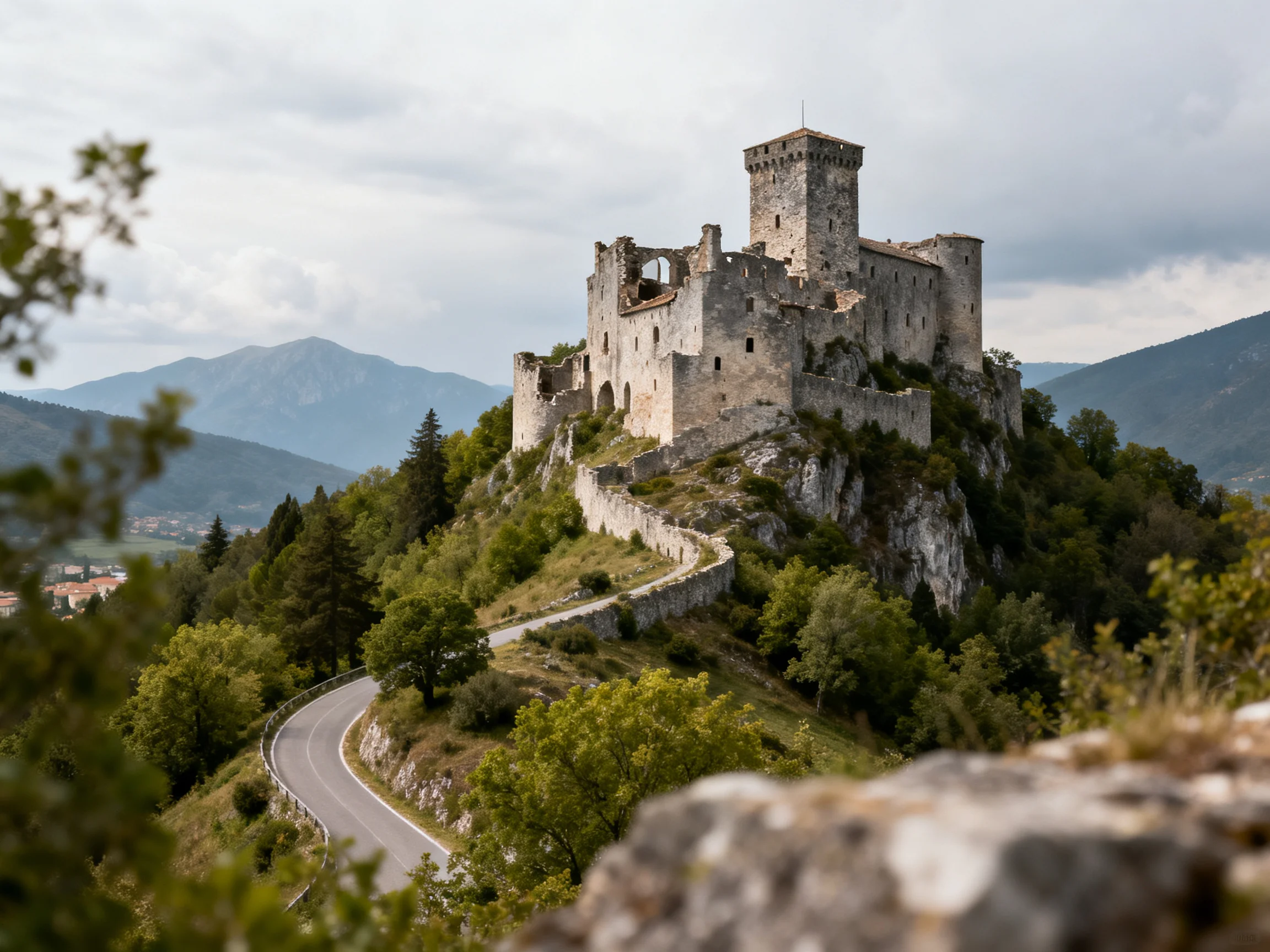 Ancient stone castle atop rocky hill with winding path