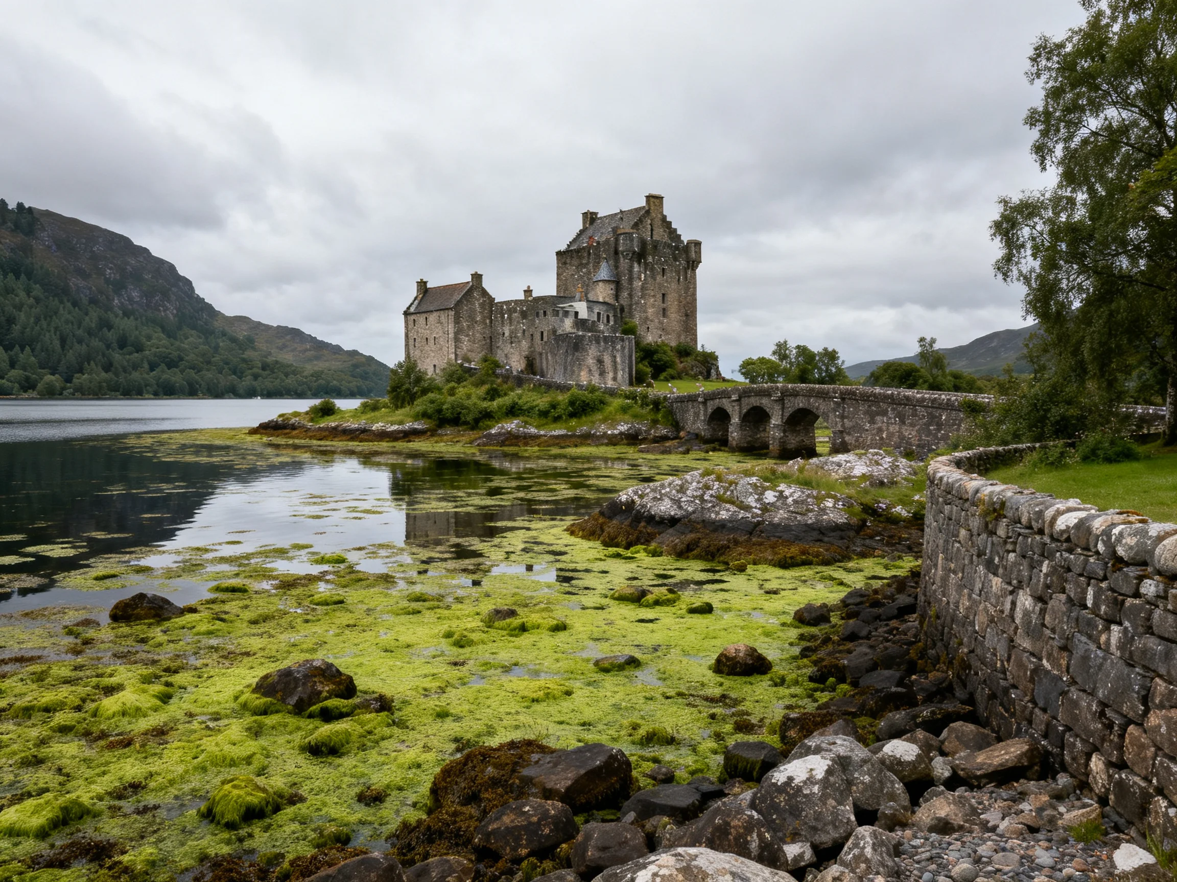 Ancient stone castle by a mossy loch with an arched bridge