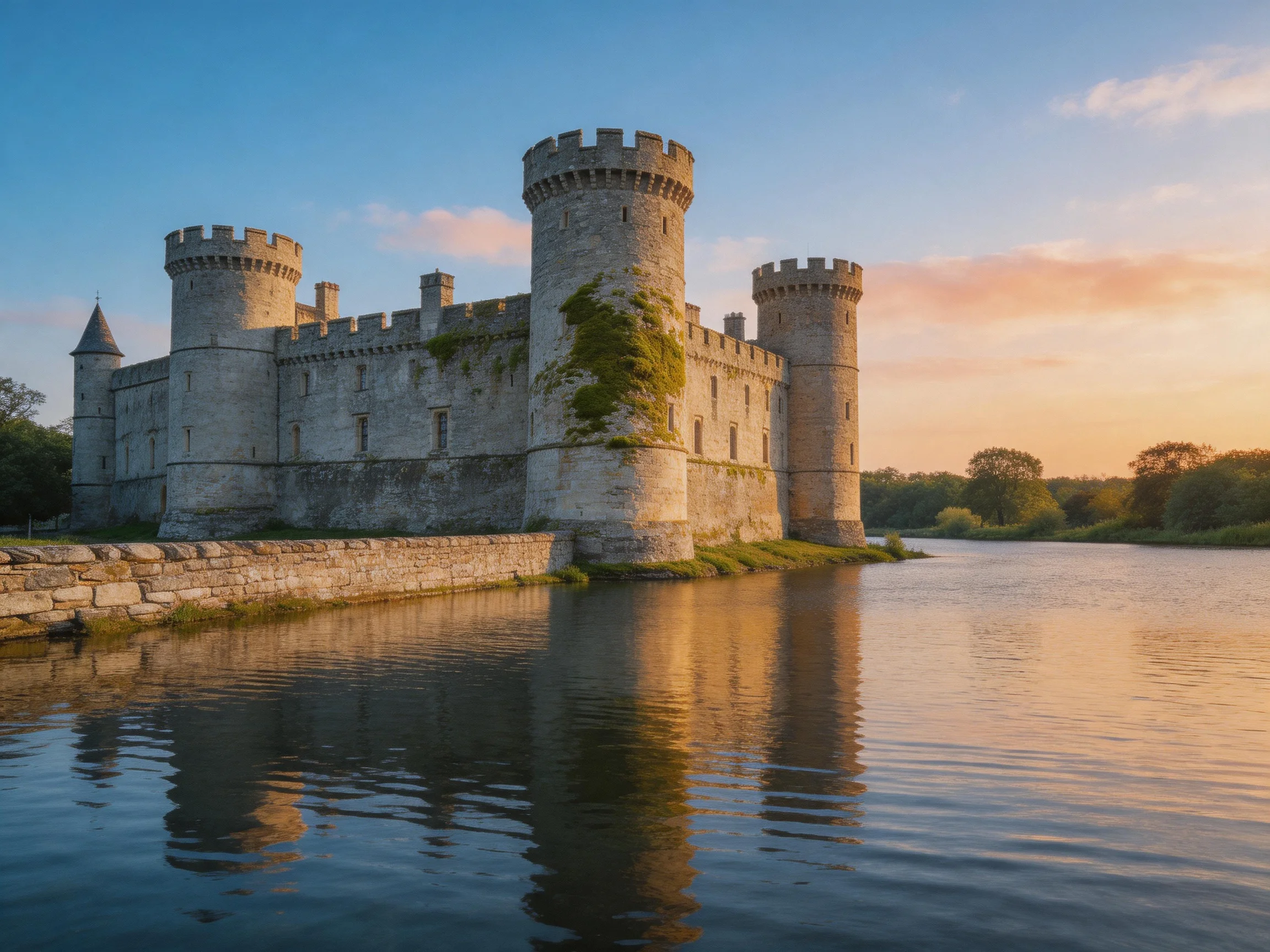 Ancient stone castle by calm waters at golden hour