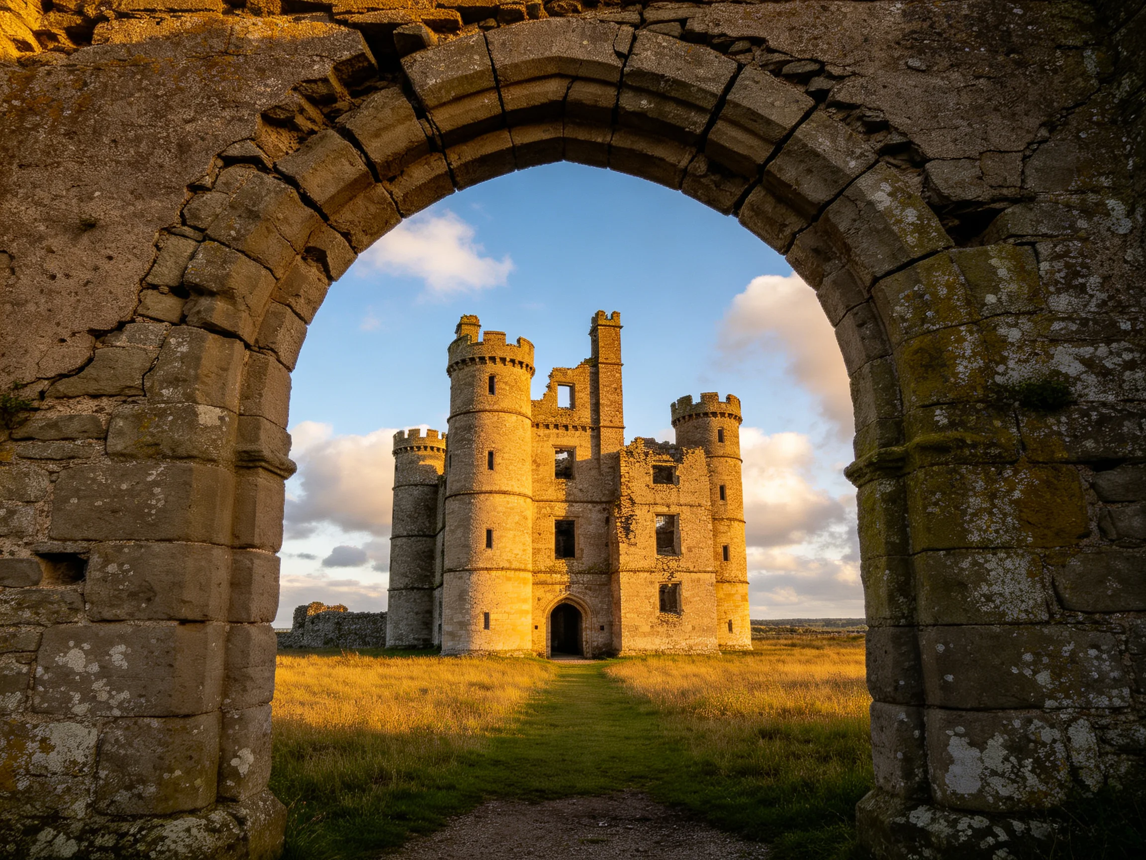 Ancient stone castle illuminated by golden light through weathered archway