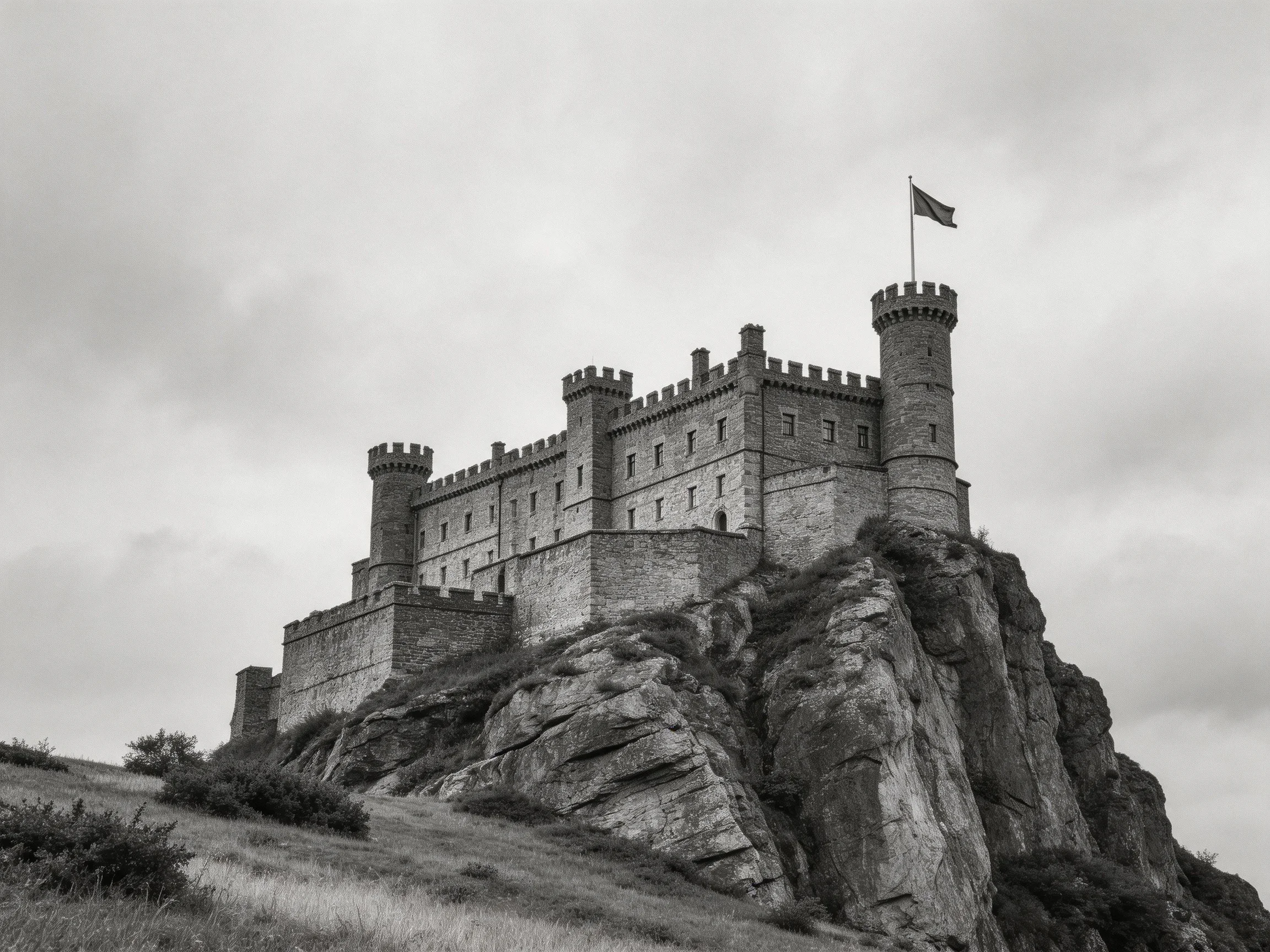 Ancient stone castle perched atop a rugged rocky cliff