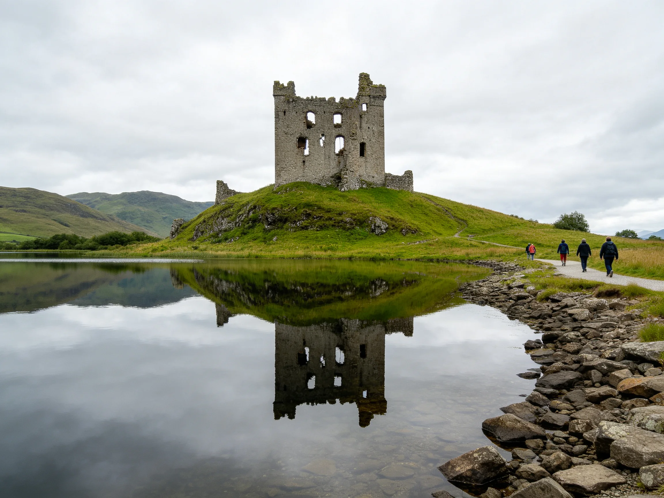Ancient stone castle reflected in calm lake near rocky shore