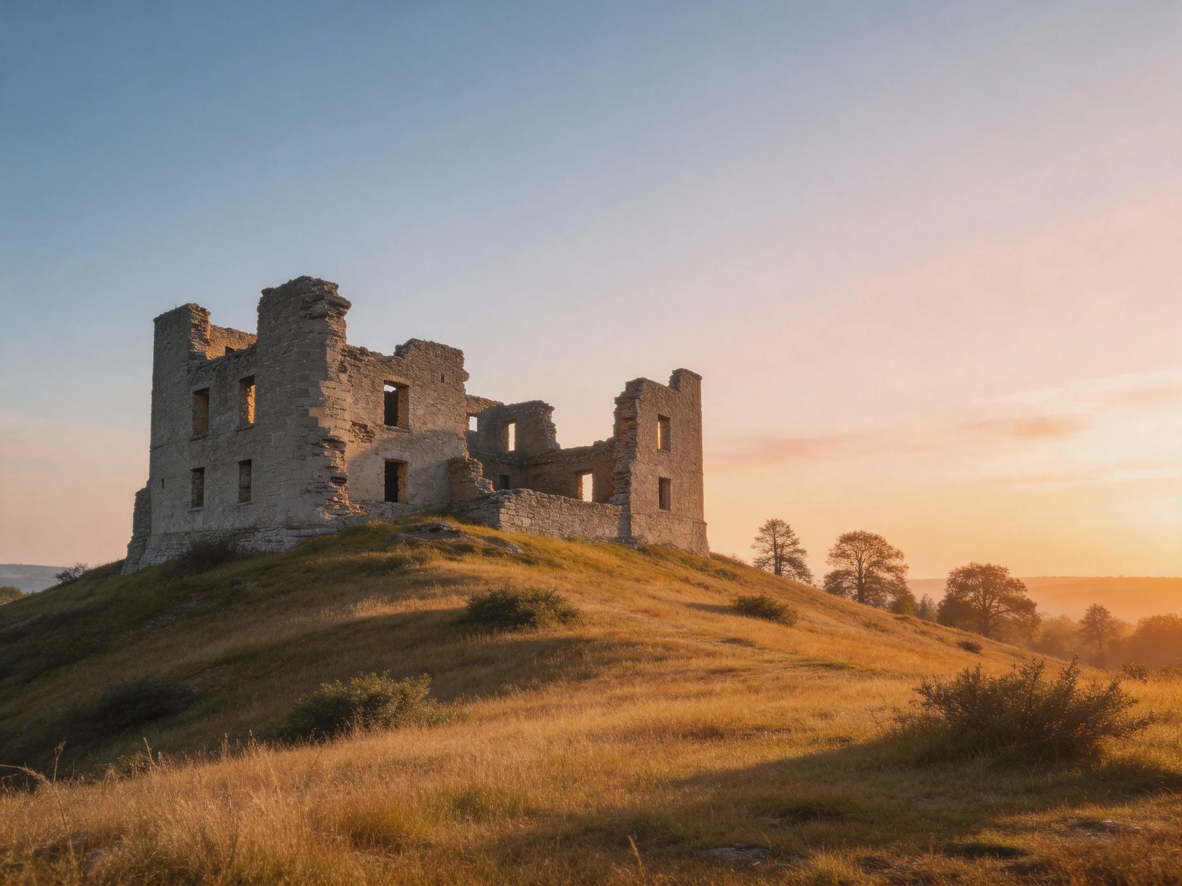 Ancient stone castle ruins atop a grassy hill at golden hour