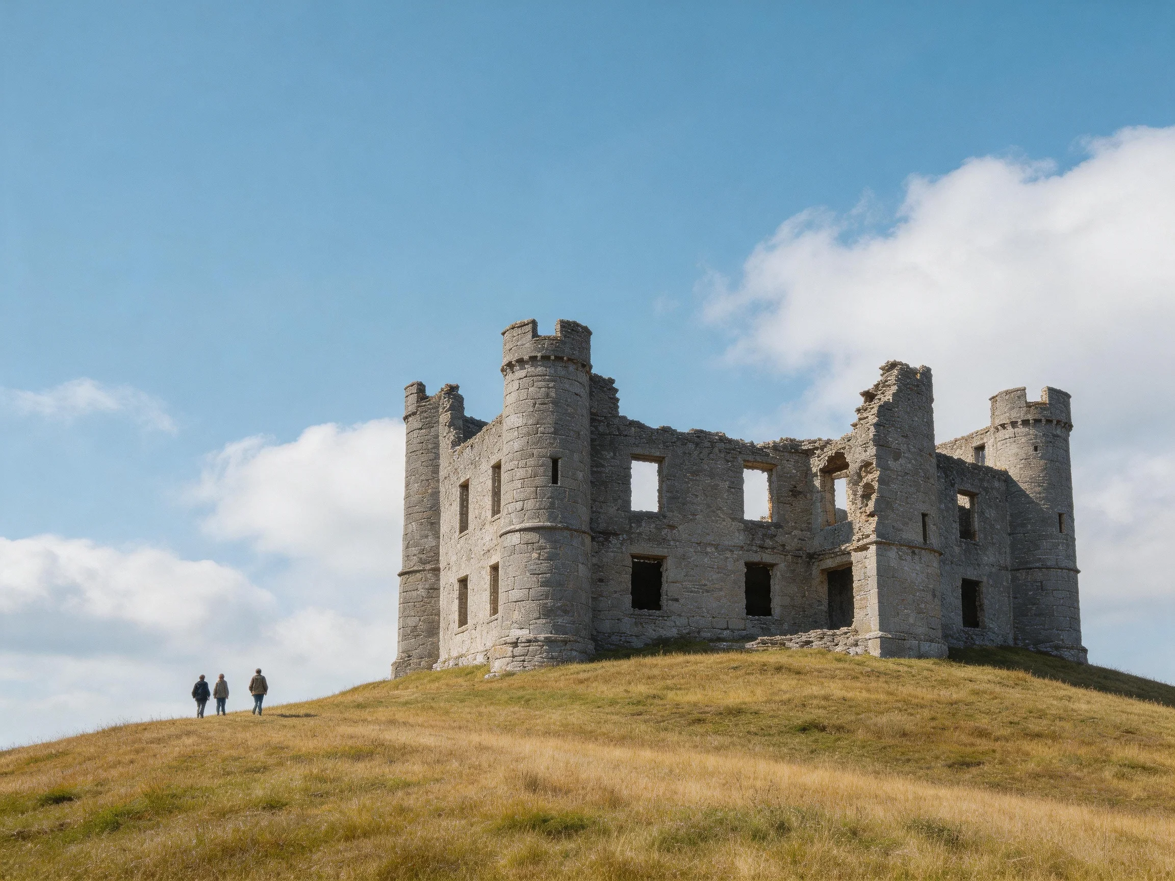 Ancient stone castle ruins atop a grassy hill under blue skies