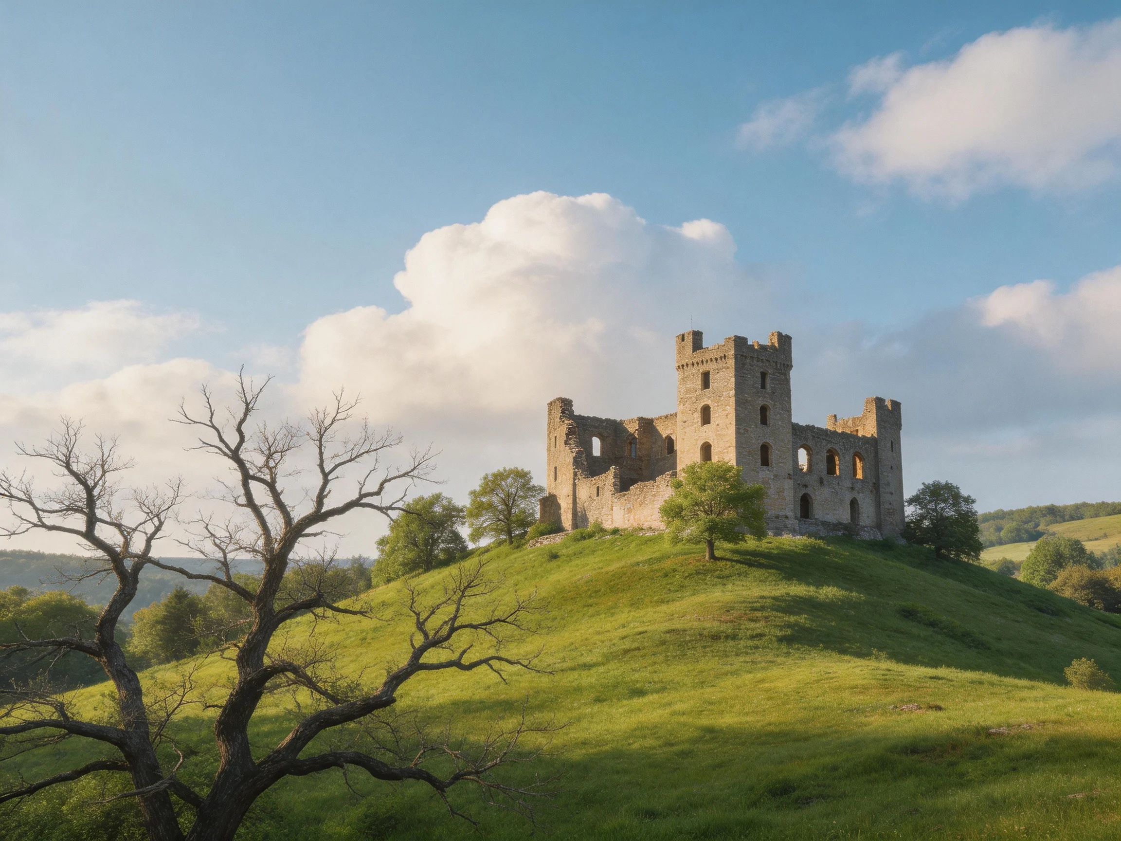 Ancient stone castle ruins atop a lush green hill under bright sky