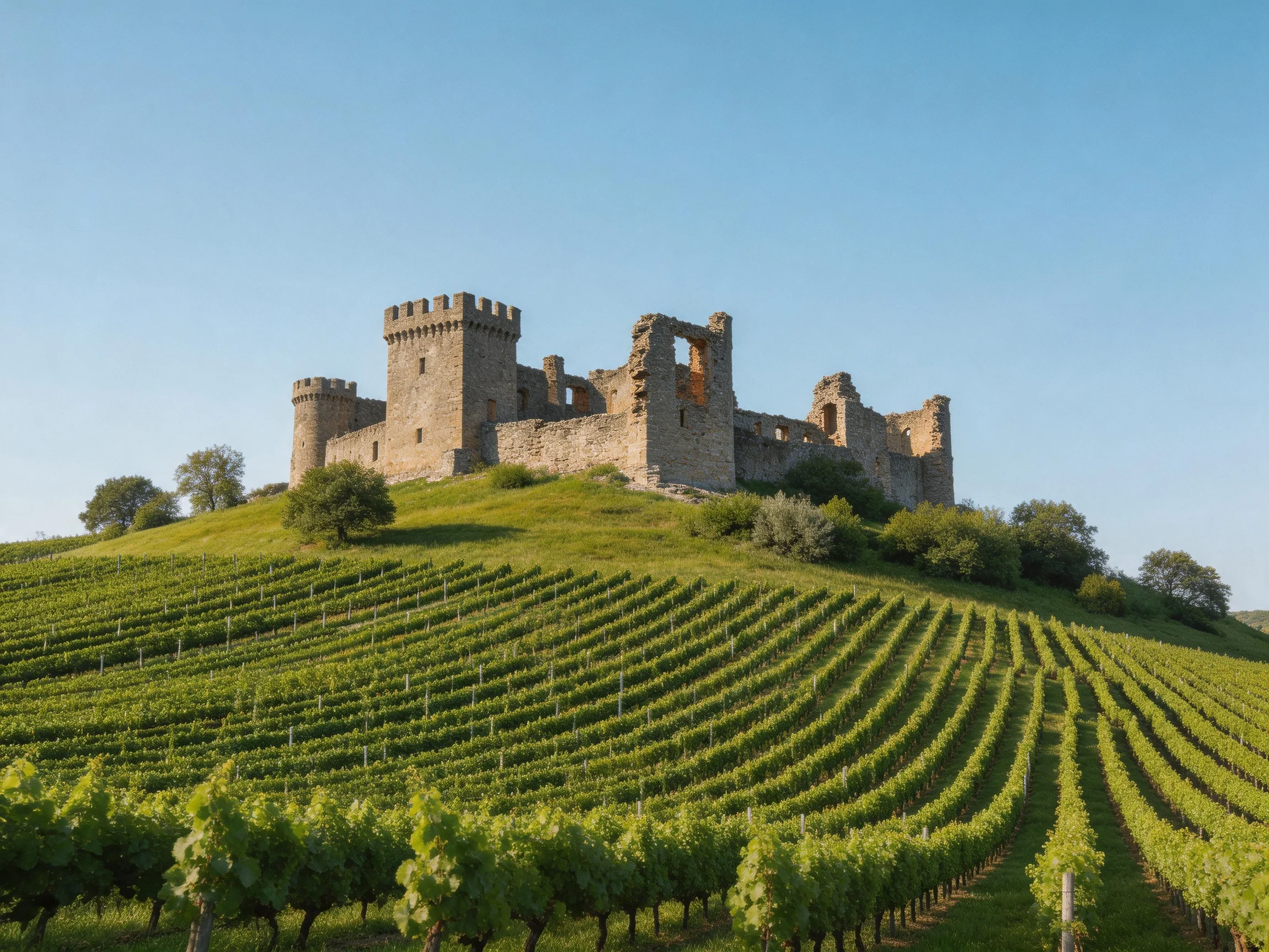 Ancient stone castle ruins atop a lush green hillside with vineyard rows
