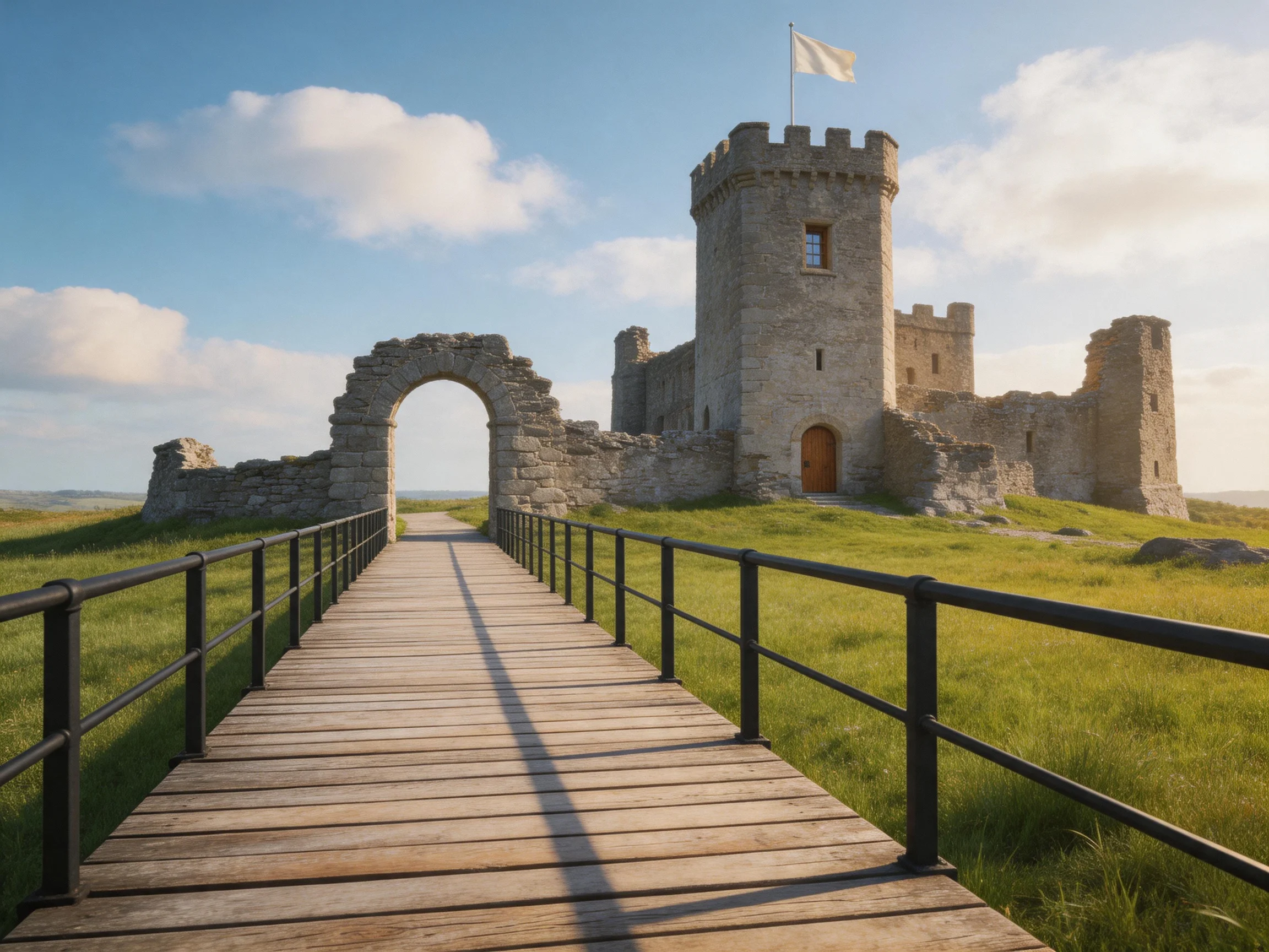 Ancient stone castle ruins with a wooden walkway and green meadow