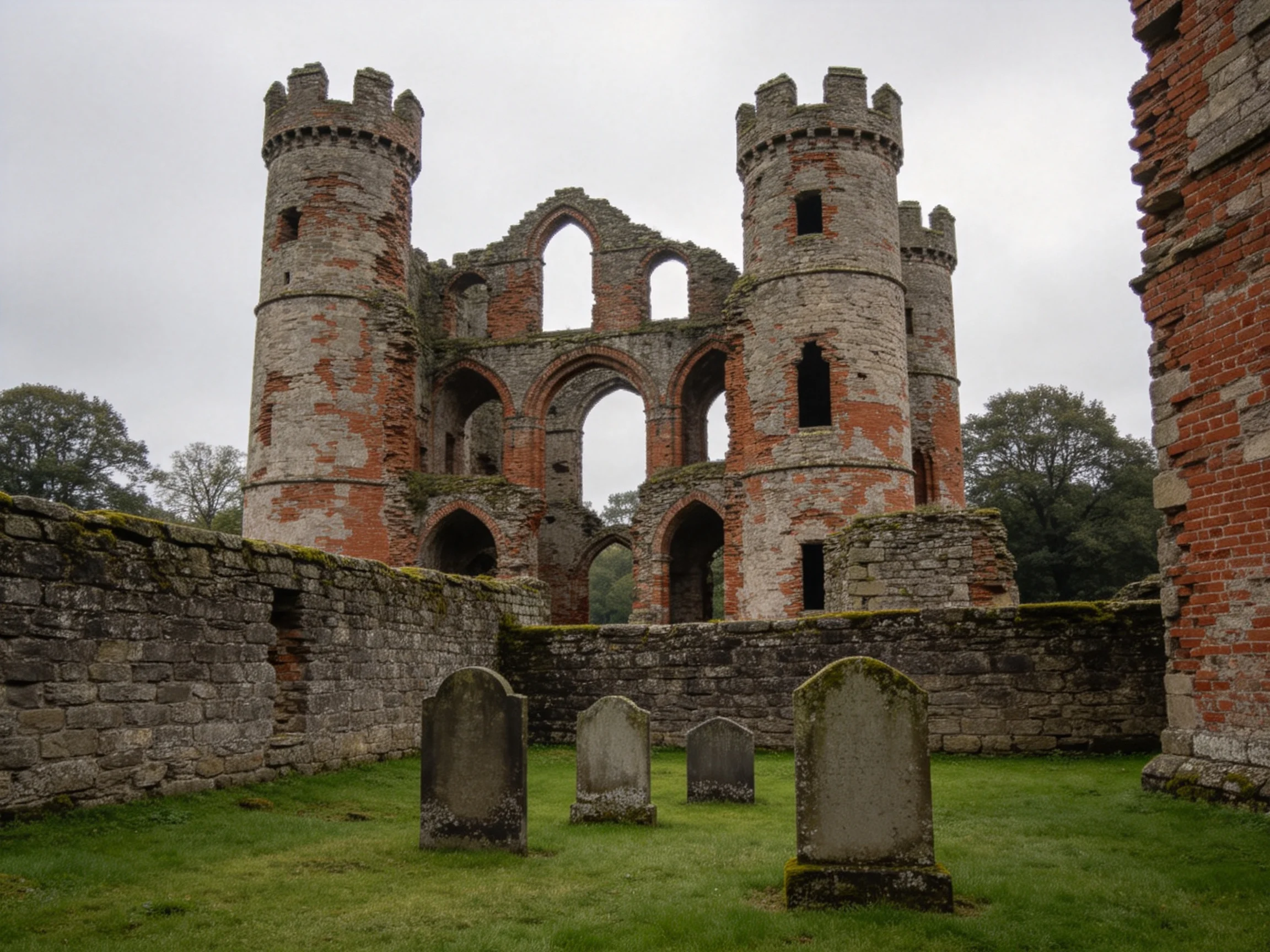 Ancient stone castle ruins with brick towers and weathered gravestones