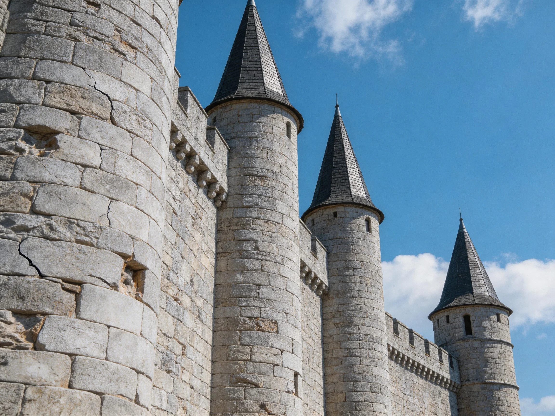 Ancient stone castle towers with pointed roofs under clear blue sky