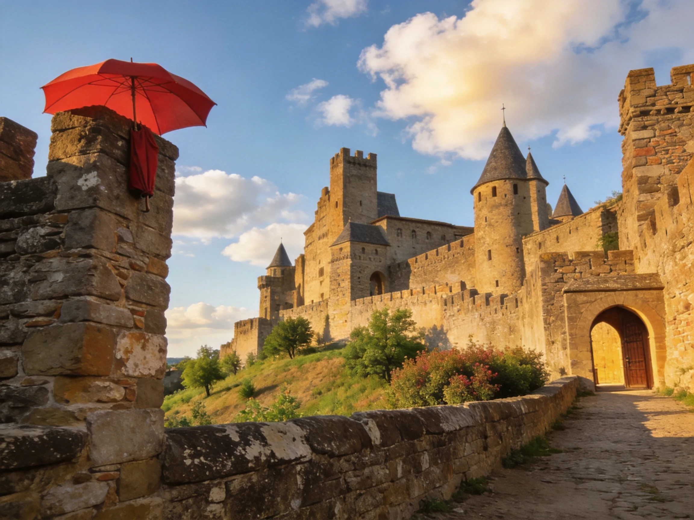 Ancient stone castle with a bright red umbrella on weathered walls