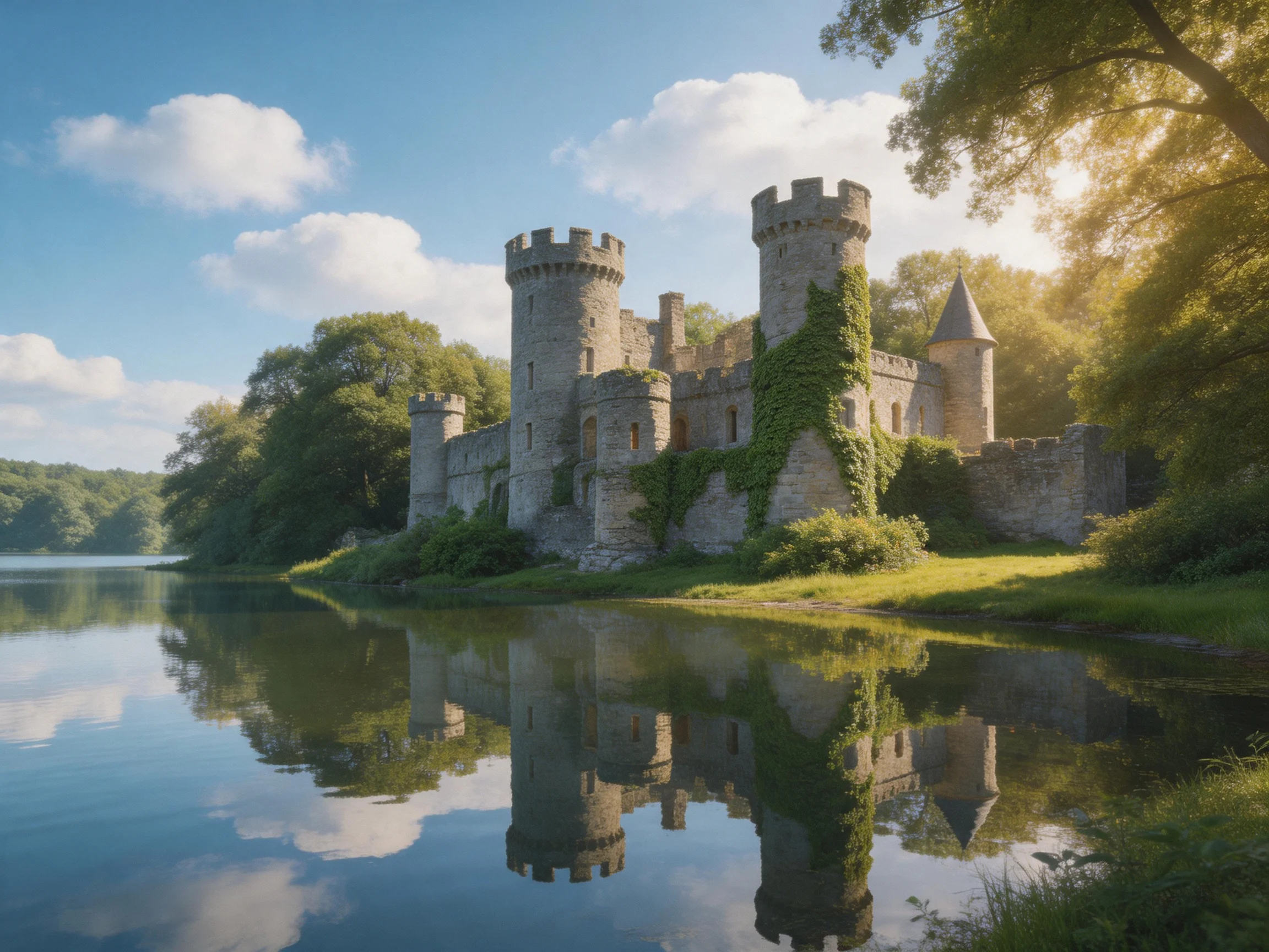 Ancient stone castle with ivy, reflected in calm blue waters