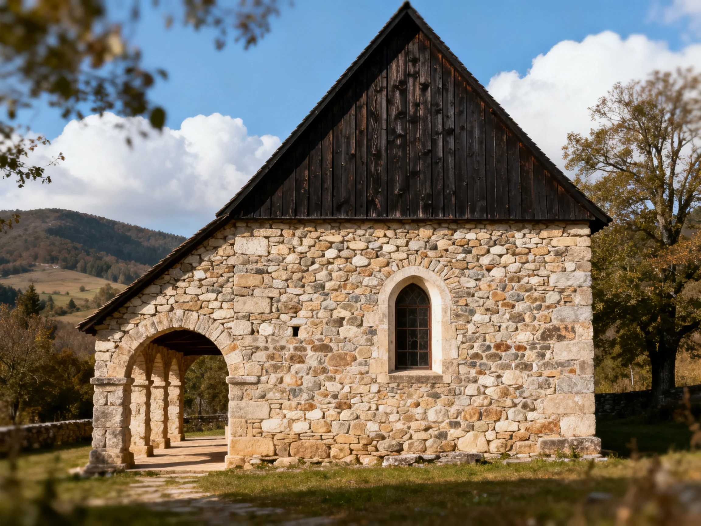 Ancient stone chapel with dark wooden roof amidst rolling hills