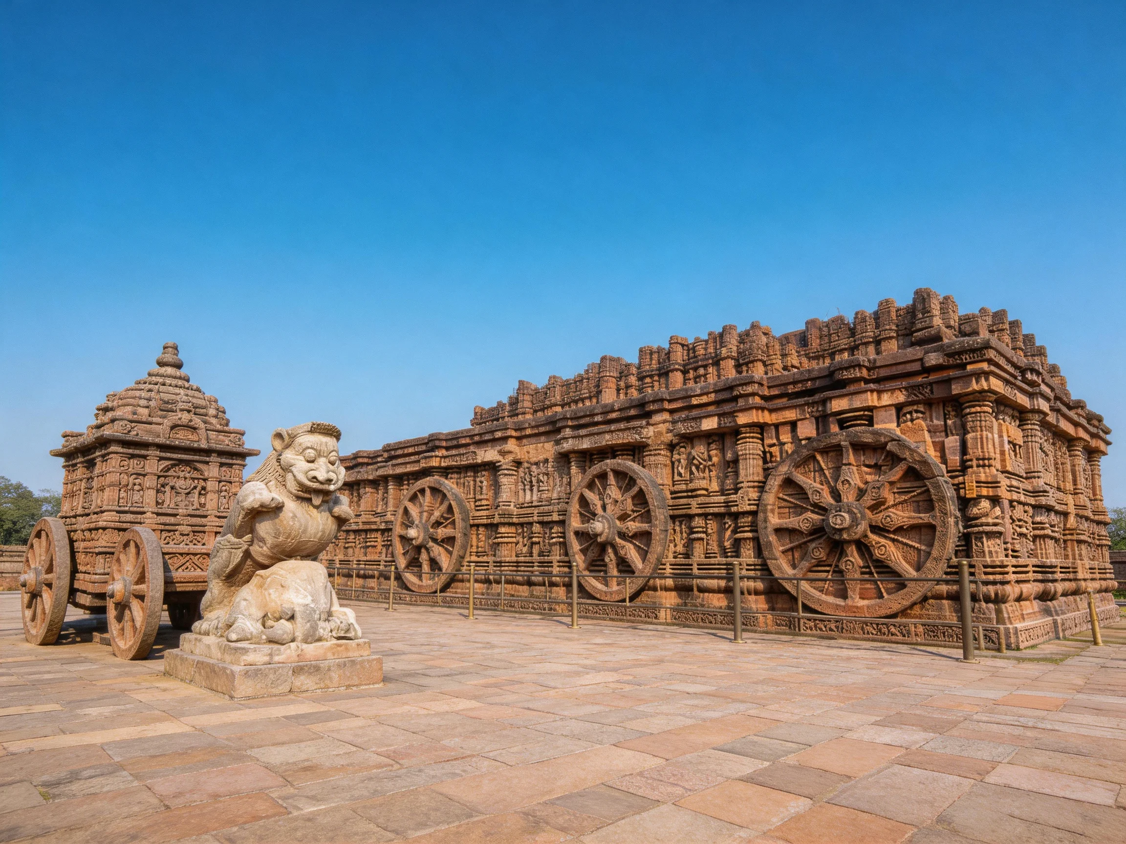 Ancient stone chariot replica with large wheel sculptures