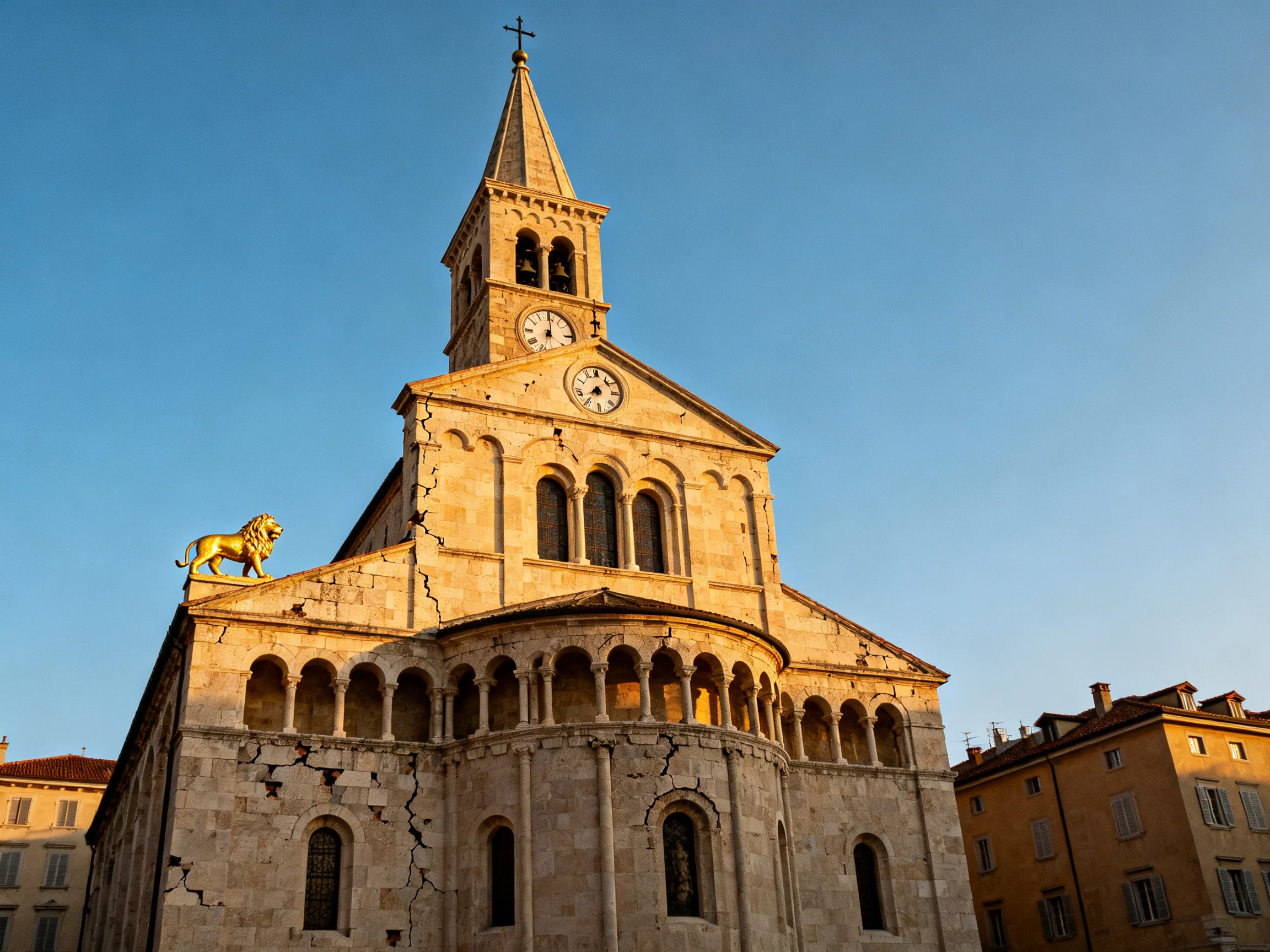 Ancient stone church adorned with a golden lion statue and clock tower