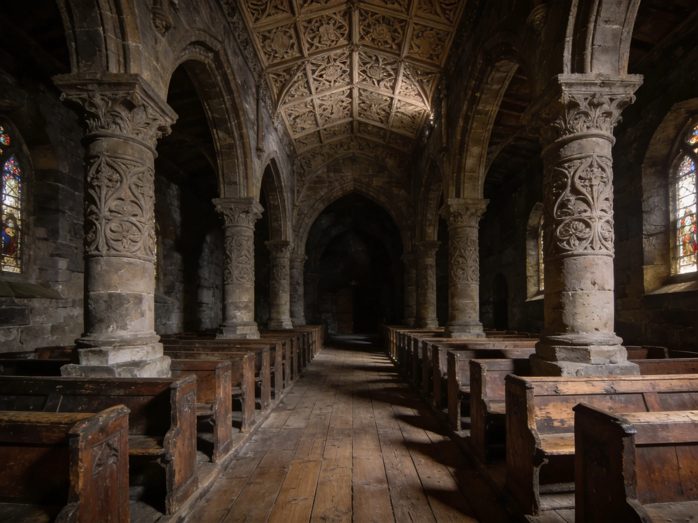 Ancient stone church interior with carved columns and wooden pews